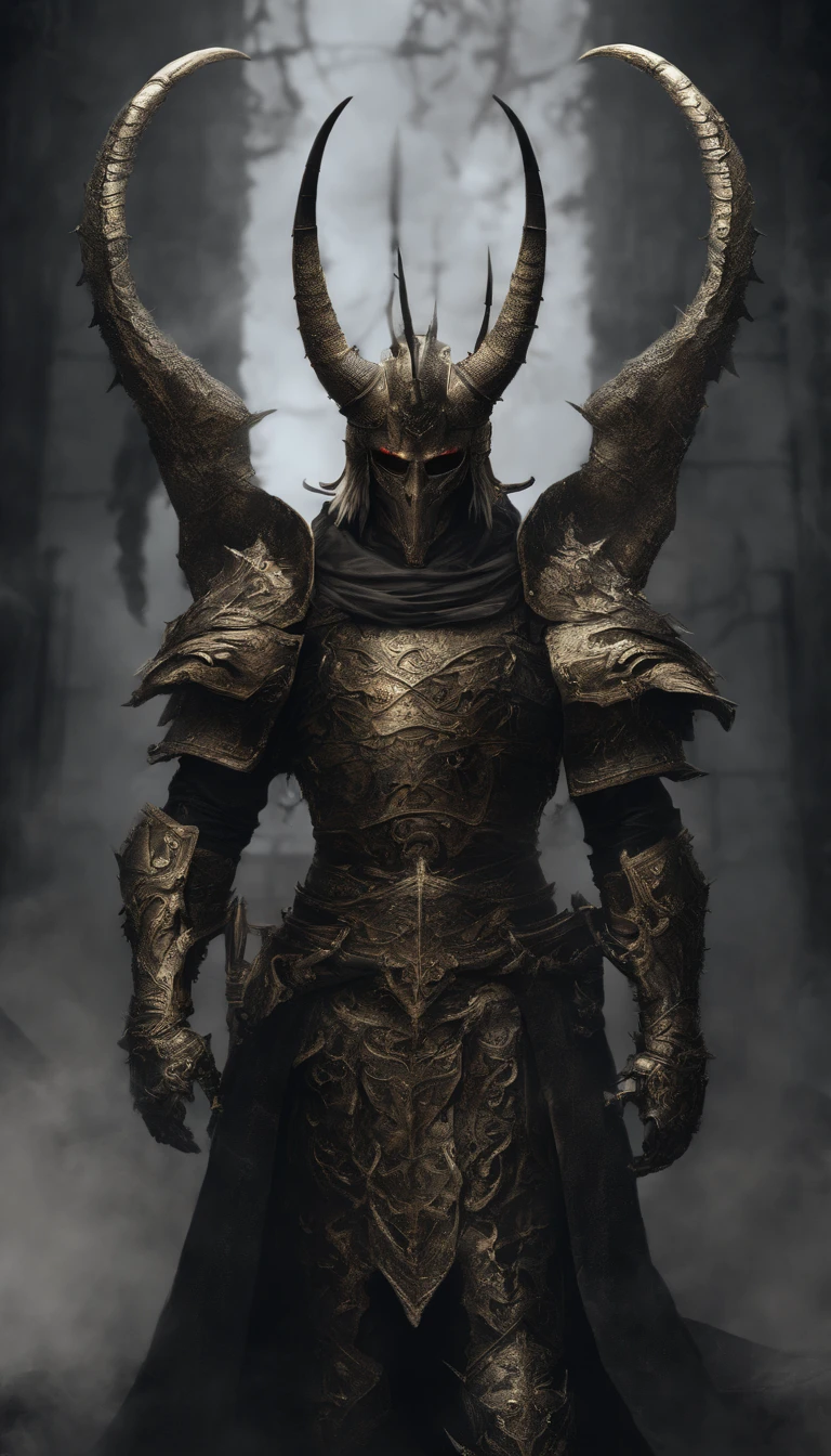 warrior, concept-art, author:Kishiganku, Fantasy art, Zen temple background, clean render, a horned, Wear a suit of armor, Detailed bushido form smoke, helmet of a forgotten deity, character is standing, 8k Realistic, in game render, detailed face background detail, Art station front page, taur, Pseudo-medieval fantasy, A deity wearing koi armor, detailed bronze armor, Bronze armor, golden etched armor, gold obsidian armor, Light gold armor, Gorgeous filigree armor, A demonic warrior, Gorgeous armor full of thorns, Intricate assasin armor, Intricate metal armor, powerful warrior, Dressed in gorgeous gold armor,Decorated with intricate patterns, The helmet has a large crown and two horns,Glowing red eyes, Everything is in the dark, The smoky background hints at the battle scene, Add an ominous aura to his character,The Demon's Giant Demon Wings,submission, Full body shot.