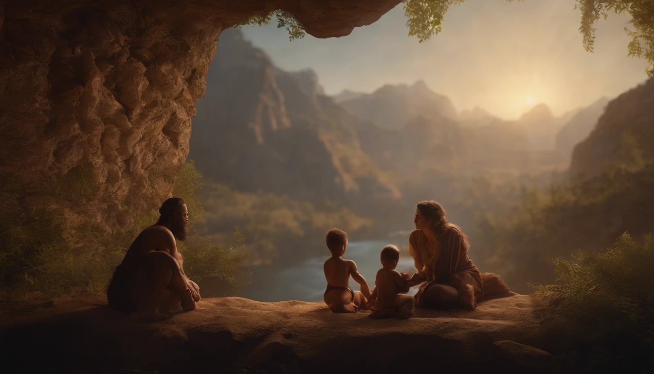 Cave: A cave woman breastfeeds her baby while her husband and two little boys look on. Perfect Composition Beautiful Intricate Details Amazingly Detailed Artstation Octane Render Trend 8k Artistic Photography Photorealistic Concept Art Soft Natural Volume Cinematic Perfect Light Chiaroscuro Award Winning Masterpiece of Photography, perfect composition, beautiful detailed intricate insanely detailed octane render trending on artstation, 8 k artistic photography, photorealistic concept art, soft natural volumetric cinematic perfect light, chiaroscuro, award - winning photograph, masterpiece, oil on canvas, raphael, caravaggio, greg rutkowski, beeple, beksinski, giger