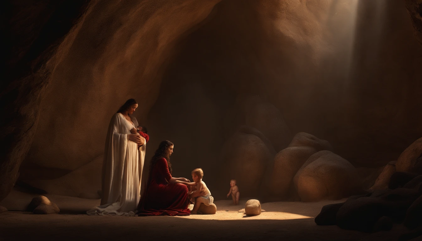 Cave: A cave woman breastfeeds her baby while her husband and two little boys look on. Perfect Composition Beautiful Intricate Details Amazingly Detailed Artstation Octane Render Trend 8k Artistic Photography Photorealistic Concept Art Soft Natural Volume Cinematic Perfect Light Chiaroscuro Award Winning Masterpiece of Photography, perfect composition, beautiful detailed intricate insanely detailed octane render trending on artstation, 8 k artistic photography, photorealistic concept art, soft natural volumetric cinematic perfect light, chiaroscuro, award - winning photograph, masterpiece, oil on canvas, raphael, caravaggio, greg rutkowski, beeple, beksinski, giger