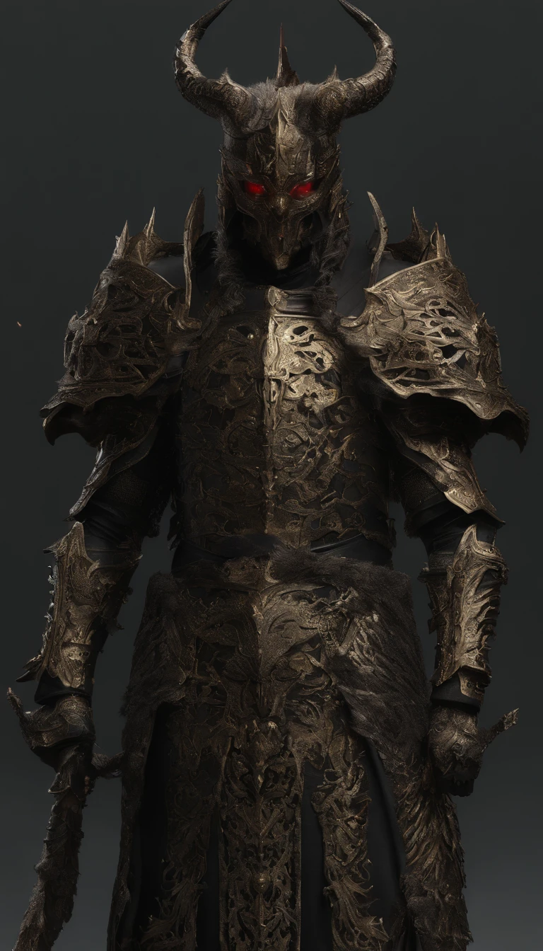warrior, concept-art, author:Kishiganku, Fantasy art, Zen temple background, clean render, a horned, Wear a suit of armor, Detailed bushido form smoke, helmet of a forgotten deity, character is standing, 8k Realistic, in game render, detailed face background detail, Art station front page, taur, Pseudo-medieval fantasy, A deity wearing koi armor, detailed bronze armor, Bronze armor, golden etched armor, gold obsidian armor, Light gold armor, Gorgeous filigree armor, A demonic warrior, Gorgeous armor full of thorns, Intricate assasin armor, Intricate metal armor, powerful warrior, Dressed in gorgeous gold armor,Decorated with intricate patterns, The helmet has a large crown and two horns,Glowing red eyes, Everything is in the dark, The smoky background hints at the battle scene, Add an ominous aura to his character,The Demon's Giant Demon Wings,submission, Full body shot.