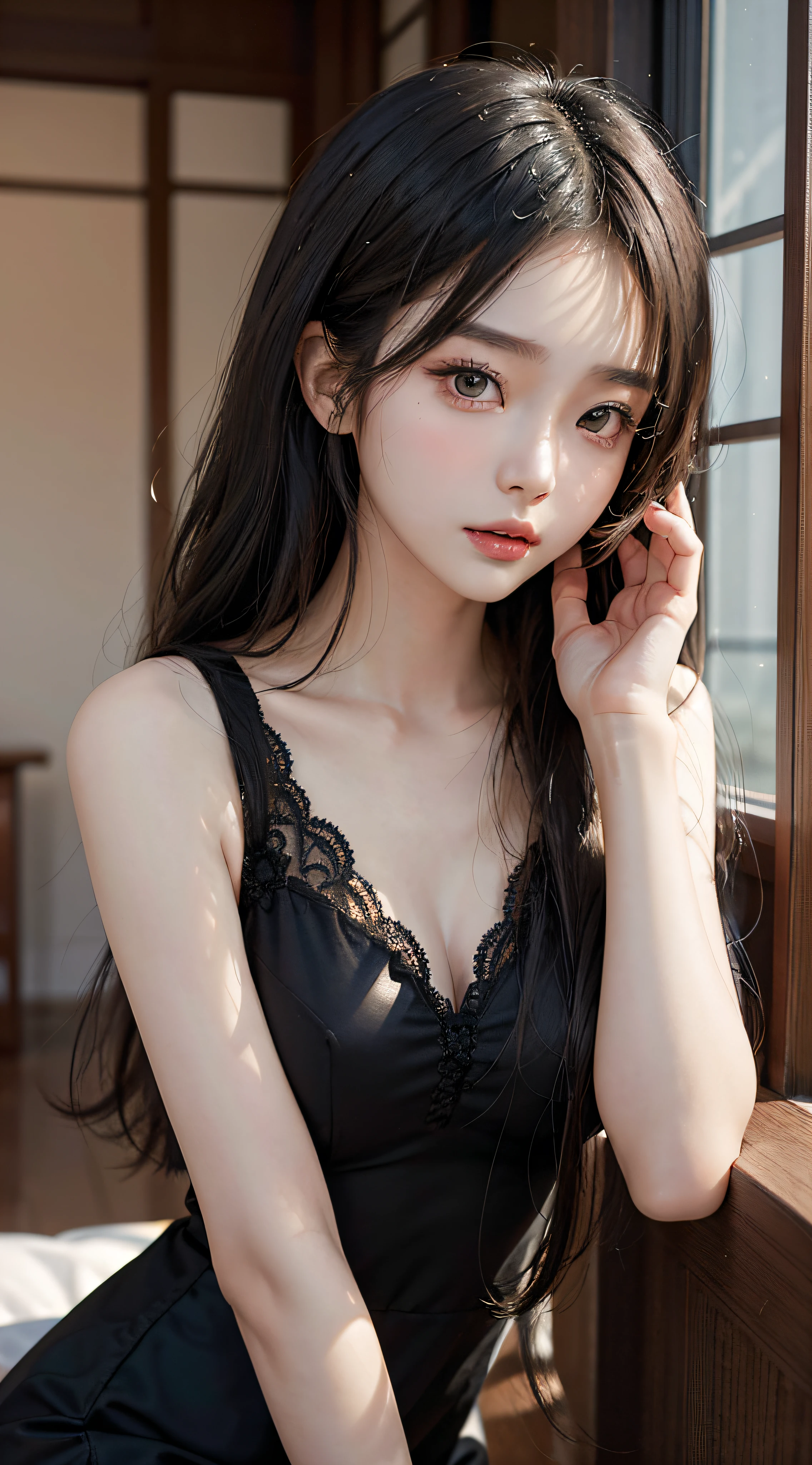 a close up of a woman in a black dress posing for a picture, Beautiful Asian girl, Korean girl, girl cute-fine face, beautiful Korean women, Gorgeous young Korean woman, sakimichan, Beautiful young Korean woman, The face of a beautiful girl in Japan, yangjun chen, cute delicate face, gorgeous chinese models, Beautiful detailed body and face