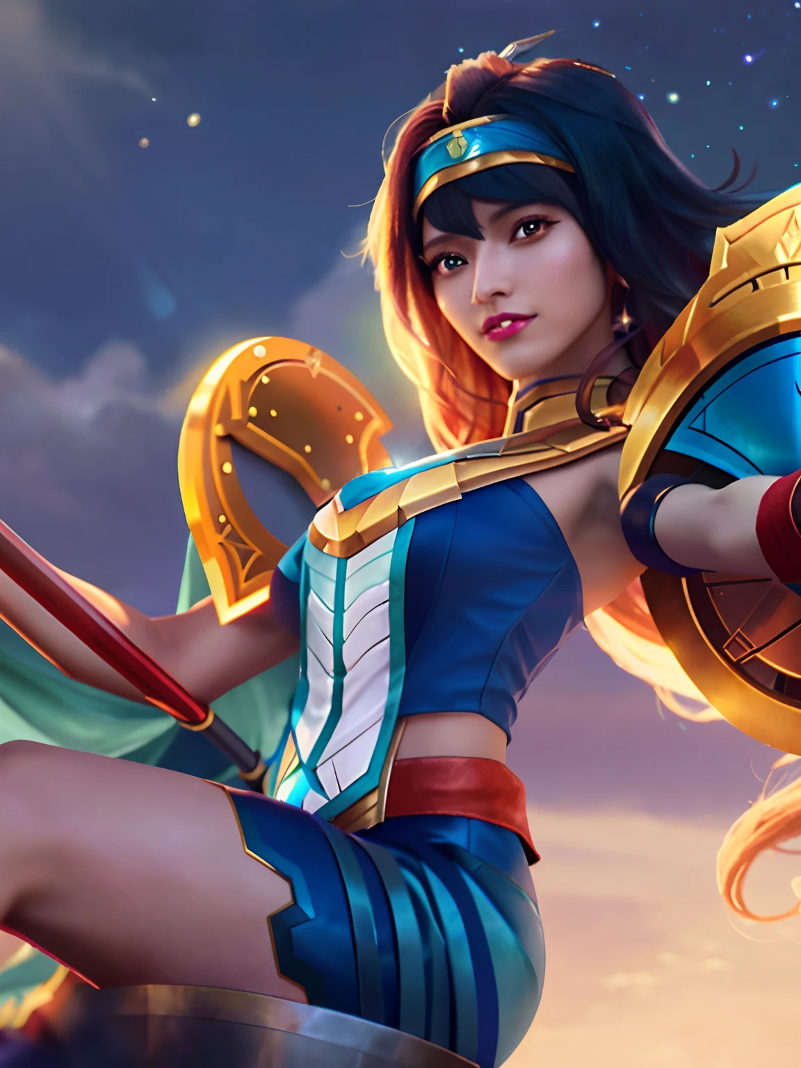 a close up of a woman with a sword and a shield, qiyana, samira from league of legends, zenra taliyah, senna from league of legends, portrait knights of zodiac girl, ashe, pharah, akali, extremely detailed artgerm, artgerm detailed, league of legends art style, official splash art, portrait of modern darna