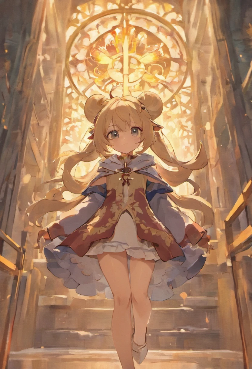 She has curly blonde hair,largeeyes,with a round face,With a petite figure,Looks like a cute fawn。deer antlers,The hair at the tip of the tail is the same color as the antlers。He wears a cloak made of brown leather,On the feet are a pair of booties,Thin clothes are worn inside。