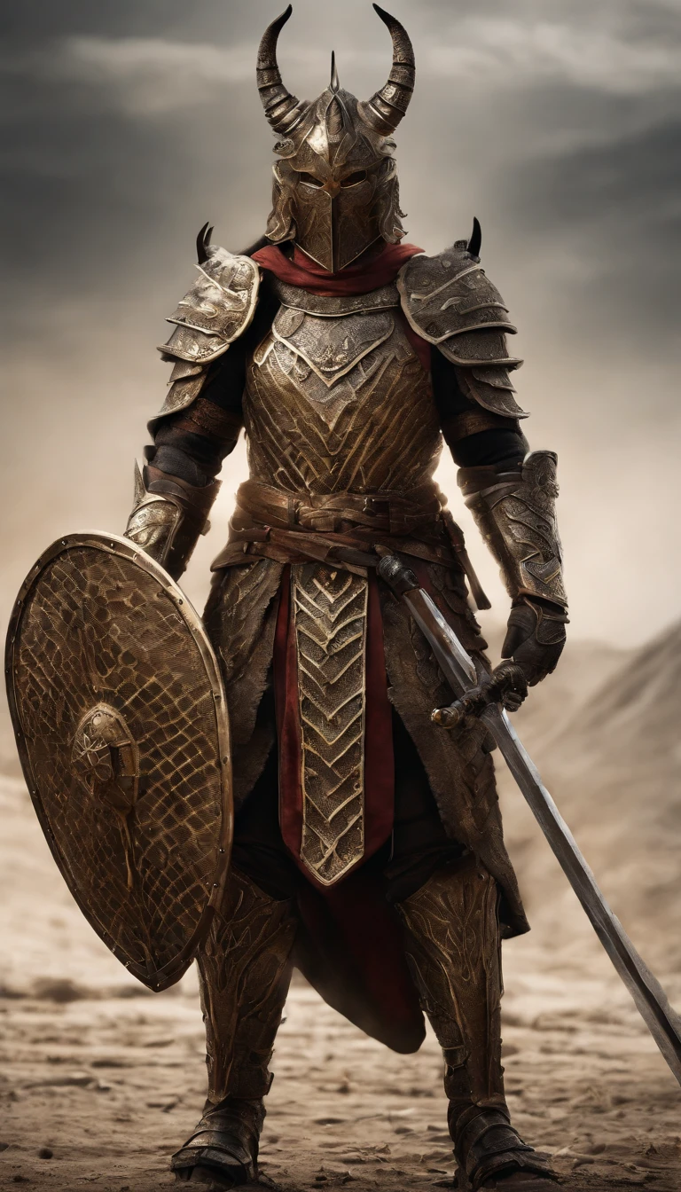 warrior, concept-art, author:Kishiganku, Fantasy art, Zen temple background, clean render, a horned, Wear a suit of armor, Detailed bushido form smoke, helmet of a forgotten deity, character is standing, 8k Realistic, in game render, detailed face background detail, Art station front page, taur, Pseudo-medieval fantasy, A deity wearing koi armor, detailed bronze armor, Bronze armor, golden etched armor, gold obsidian armor, Light gold armor, Gorgeous filigree armor, A demonic warrior, Gorgeous armor full of thorns, Intricate assasin armor, Intricate metal armor, powerful warrior, Dressed in gorgeous gold armor,Decorated with intricate patterns, The helmet has a large crown and two horns,Glowing red eyes, Everything is in the dark, The smoky background hints at the battle scene, Add an ominous aura to his character,The Demon's Giant Demon Wings,??????????, Full body shot.