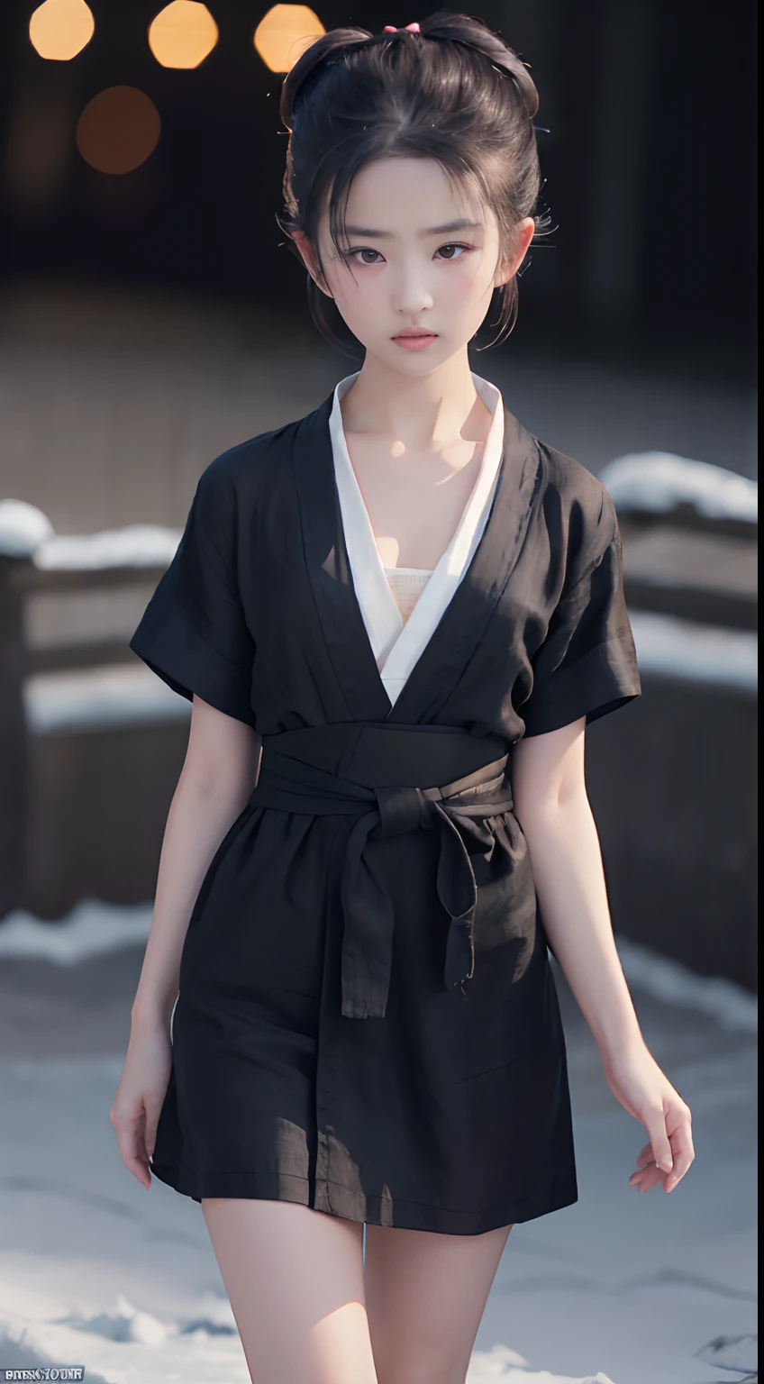 ((Best quality, 8K, Masterpiece :1.3)), Sharp focus:1.2 , Photorealsitic,(Cinematic lighting),Facial detail texture. Eye details. Double eyelids, Slender body. Super small breasts, Sexy collarbone,-yeld gi photo-realistic:1.37,Perfect eyes, ((1 Girl in a black yukata)),(white sash),(Ultra-thin fabric),((Ragged linen)),With a petite figure,brunette color hair,hair-bun,Qi bangs,Stand in the snow,The barefoot,Full body like,short- sleeved,short skirt,Exposing thighs,folds,((solid color backdrop)),is shy,Be red in the face