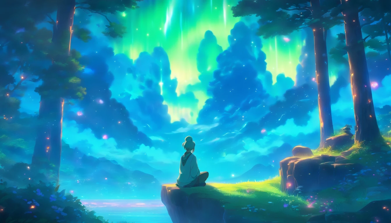 (best quality,highres:1.2),ultra-detailed,realistic,professional,meditating woman in a peaceful and solitary place,natural scenery, vibrant colors,northern lights,star-filled sky,serene and calm environment,luminous and ethereal atmosphere,tranquil and serene disposition,detailed facial features,soft and flowing hair,peaceful and serene expression,harmonious and balanced composition,gently swaying trees and grass,subtle and captivating lighting,mesmerizing and tranquil aura,feeling of tranquility and inner peace,stunning and breathtaking view,deep sense of connection with nature