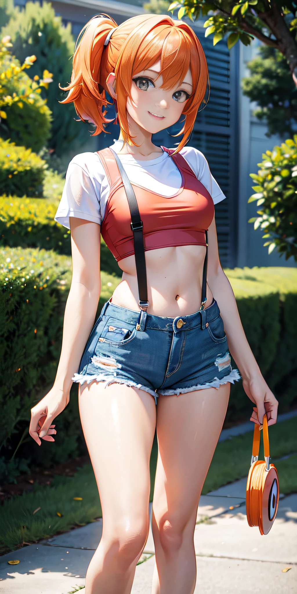 professional anime, anime :Pokemon, anime style: OLM.inc, masterpiece, best quality, high resolution, 1 woman only, misty (pokemon), orange hair, solo, shorts, suspenders, side ponytail, orange hair, stomach, yellow crop top, navel, short hair, denim, jean shorts, smile, cowboy shot, standing, pace_sign, outdoors, 80% Nude