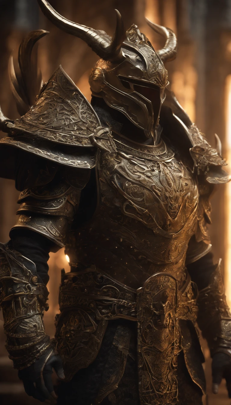 warrior, concept-art, author:Kishiganku, Fantasy art, Zen temple background, clean render, a horned, Wear a suit of armor, Detailed bushido form smoke, helmet of a forgotten deity, character is standing, 8k Realistic, in game render, detailed face background detail, Art station front page, taur, Pseudo-medieval fantasy, A deity wearing koi armor, detailed bronze armor, Bronze armor, golden etched armor, gold obsidian armor, Light gold armor, Gorgeous filigree armor, A demonic warrior, Gorgeous armor full of thorns, Intricate assasin armor, Intricate metal armor, powerful warrior, Dressed in gorgeous gold armor,Decorated with intricate patterns, The helmet has a large crown and two horns,Glowing red eyes, Everything is in the dark, The smoky background hints at the battle scene, Add an ominous aura to his character,The Demon's Giant Demon Wings,submission, Full body shot.