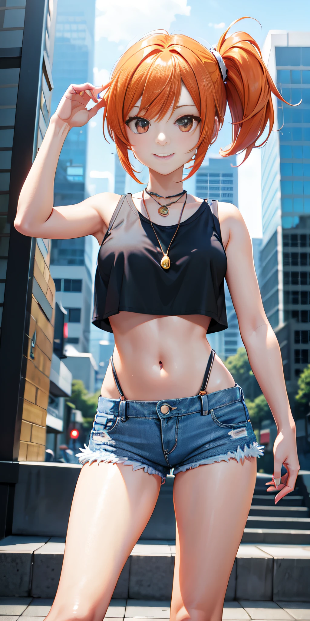 professional anime, anime :Pokemon, anime style: OLM.inc, masterpiece, best quality, high resolution, 1 woman only, misty (pokemon), orange hair, solo, shorts, suspenders, side ponytail, orange hair, stomach, yellow crop top, navel, short hair, denim, jean shorts, smile, cowboy shot, standing, pace_sign, outdoors, 80% Nude