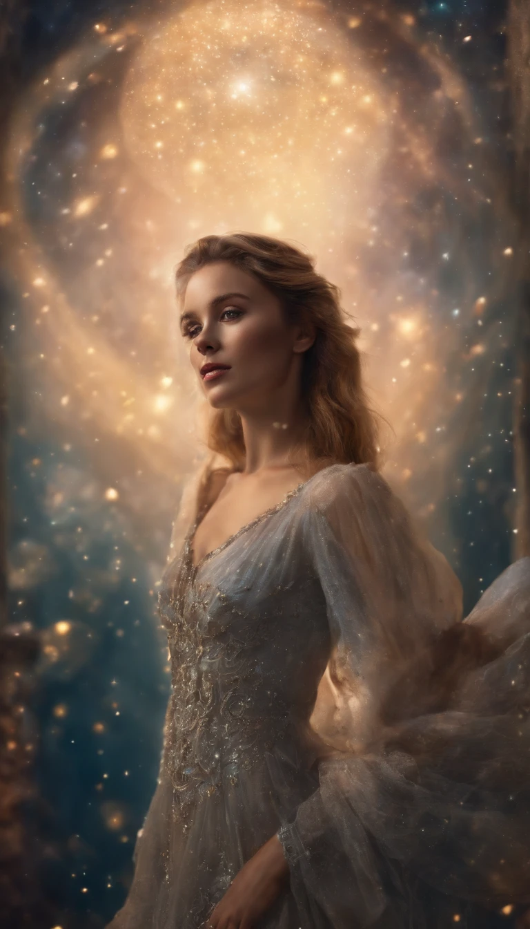 High detail, Super detail, Super high resolution, The girl enjoys her time in the fantasy galaxy, Surrounded by stars, Warm light shines on her, The background is the starry sky with colorful galaxies and galactic clouds, Stars flew around her, Delicate face, Add a playful vibe , --V6