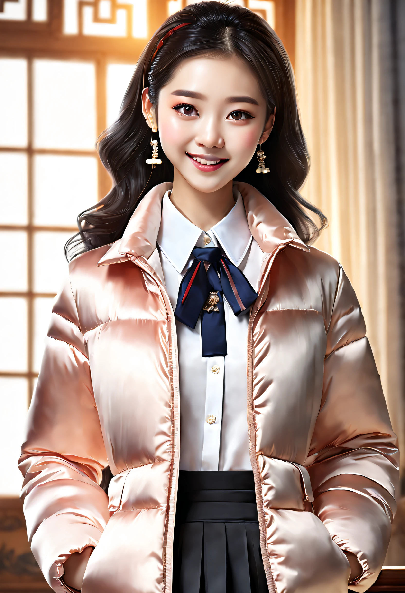 16 year old beautiful Chinese female, wearing silk puffer coat,  school uniform, silk blouse, silk tie, short dark pleated skirt, cute,masterpiece, best quality, smiling, cute, open puffer coat, silk, photorealistic, indoors