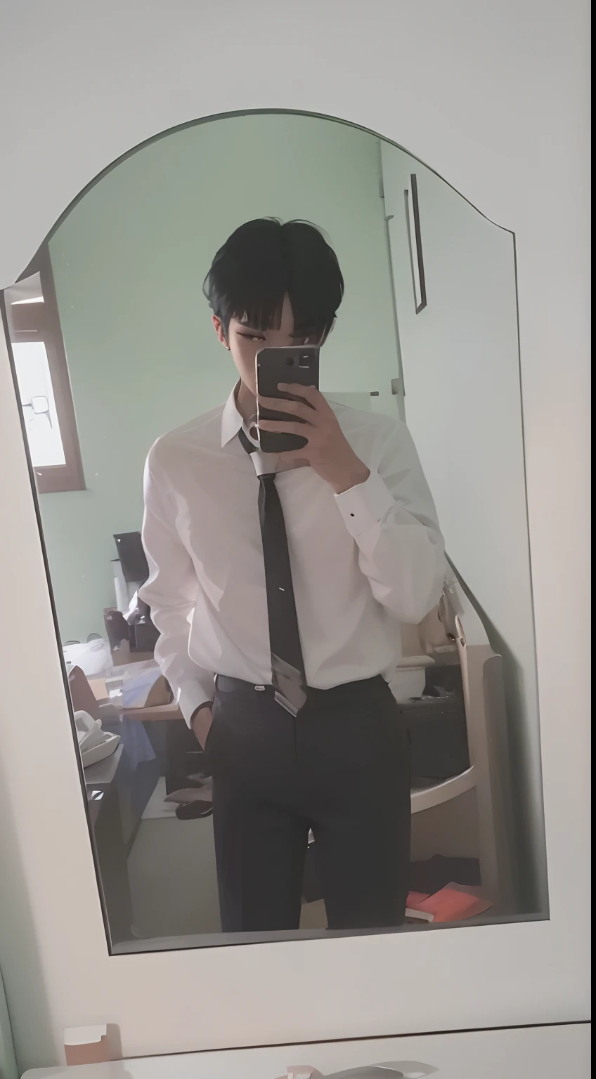 Black hair, wearing a long-sleeved white shirt, high face graphics, black pants, black tie, white skin, looking in the mirror, ultra HD, Korean skin