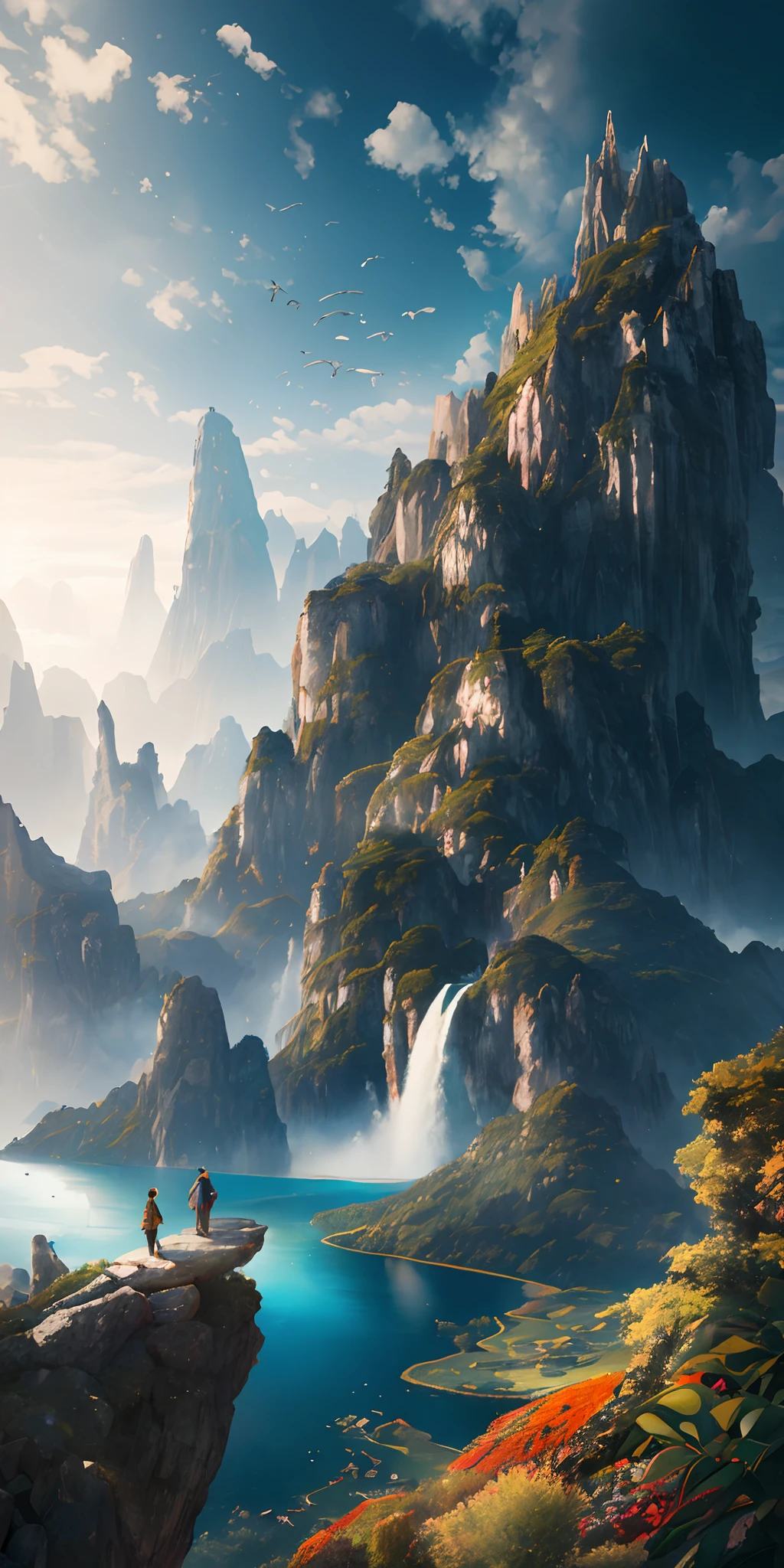 Masterpiece, best quality, high quality, extremely detailed CG unity 8k wallpaper, landscape, outdoor, sky, cloud, sky, no humans, mountain, landscape, water, tree, blue sky, waterfall, cliff, nature, lake, river , cloudy skies, award winning photography, bokeh, depth of field, HDR, bloom, chromatic aberration, photorealism, very detailed, trending on artstation, trending on CGsociety, intricate, high detail, dramatic, midjourney art