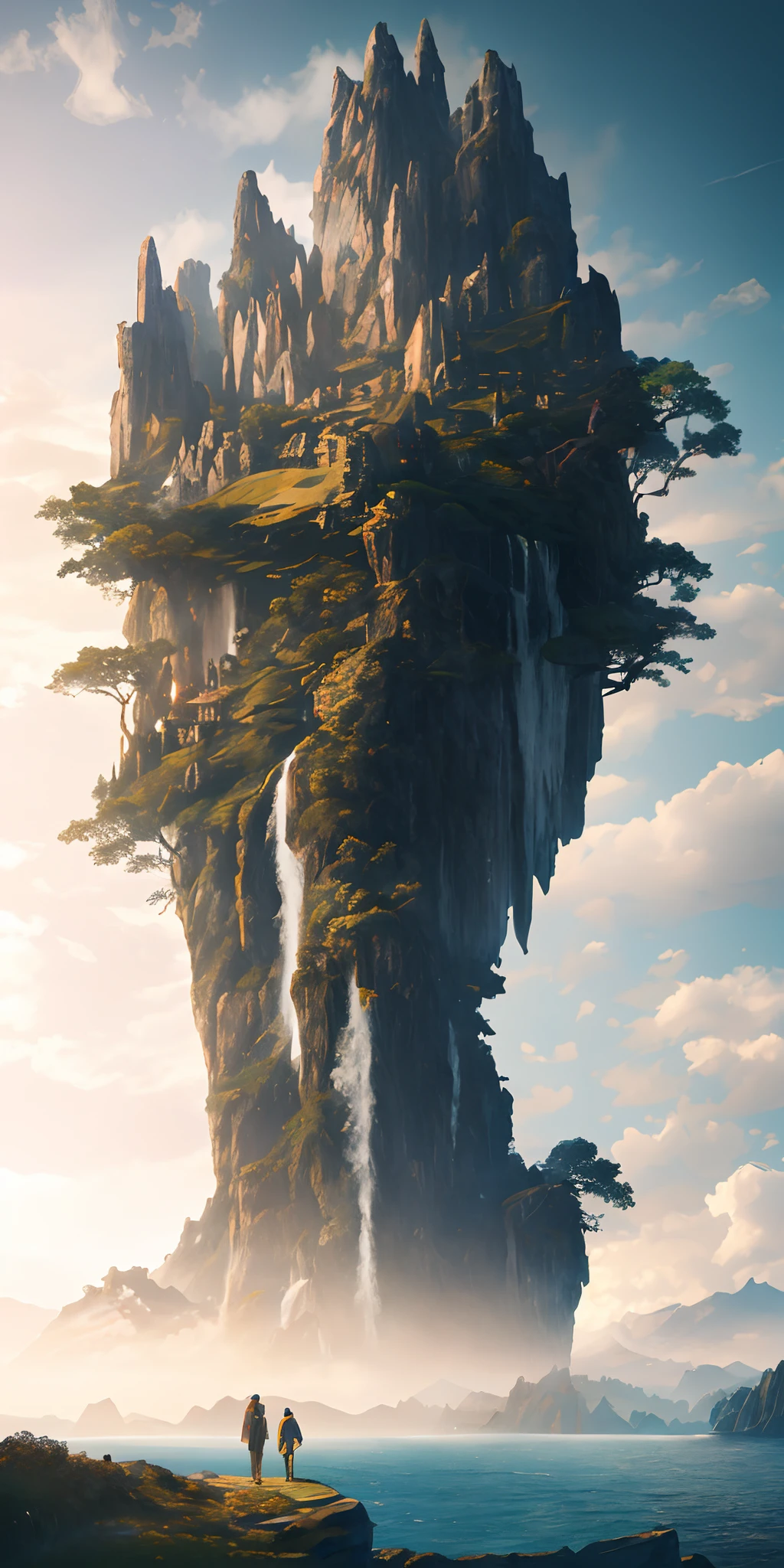 Masterpiece, best quality, high quality, extremely detailed CG unity 8k wallpaper, landscape, outdoor, sky, cloud, sky, no humans, mountain, landscape, water, tree, blue sky, waterfall, cliff, nature, lake, river , cloudy skies, award winning photography, bokeh, depth of field, HDR, bloom, chromatic aberration, photorealism, very detailed, trending on artstation, trending on CGsociety, intricate, high detail, dramatic, midjourney art