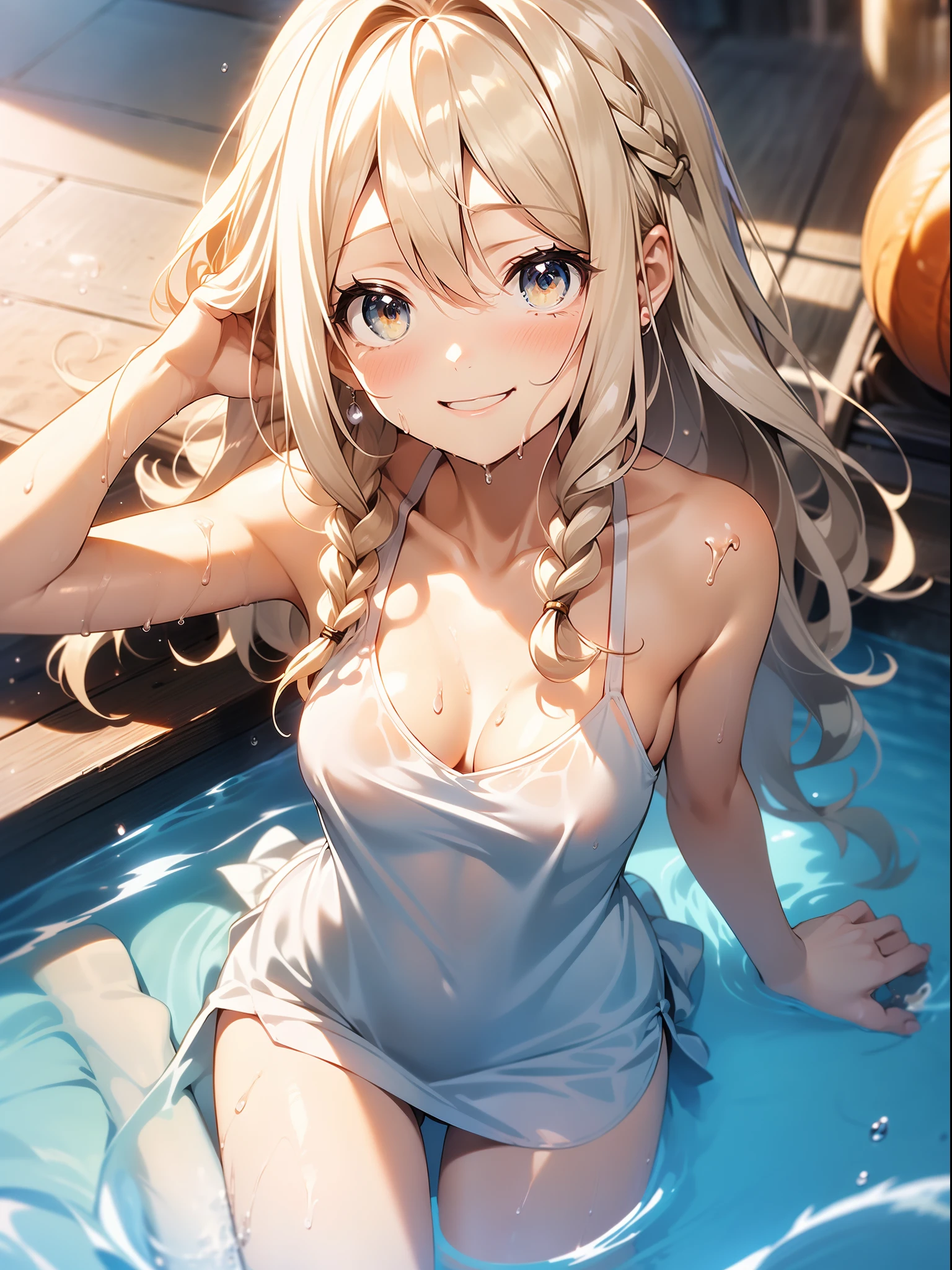 in 8K、top-quality、masterpiece、ultra-detailliert、Ultra-high resolution、Anime style、((1 persons))、girl with、a blond、Braided hair、White sandy beach、Fall、Wet white t-shirt、bare shoulders、wetting hair、wetted skin、water dripping、pov from down、A smile、lensflare