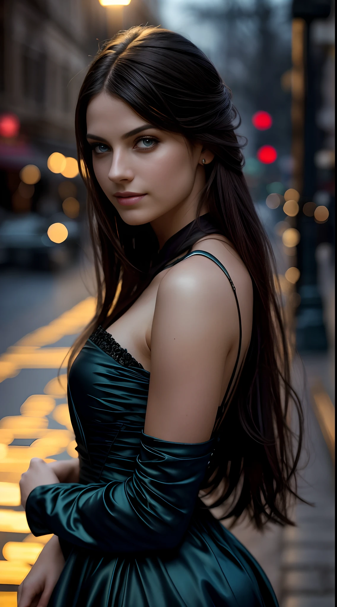 (sharp focus:1.2), photo, attractive young female model, beautiful, 22 years old, blue eyes, dark hair, long hair, (beautiful face:1.1), detailed eyes, luscious lips, (cat eye makeup:0.85), (smile:1.2), wearing (dress:1.2) on a (night street:1.2). (moody lighting:1.2), depth of field, bokeh, 4K, HDR. by (James C. Christensen:1.2|Jeremy Lipking:1.1).