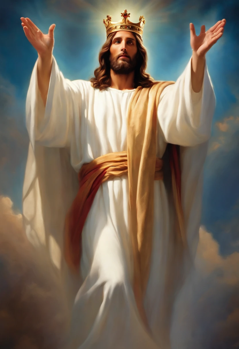 Jesus Christ in white robes appearing the whole body with a crown in all his glory