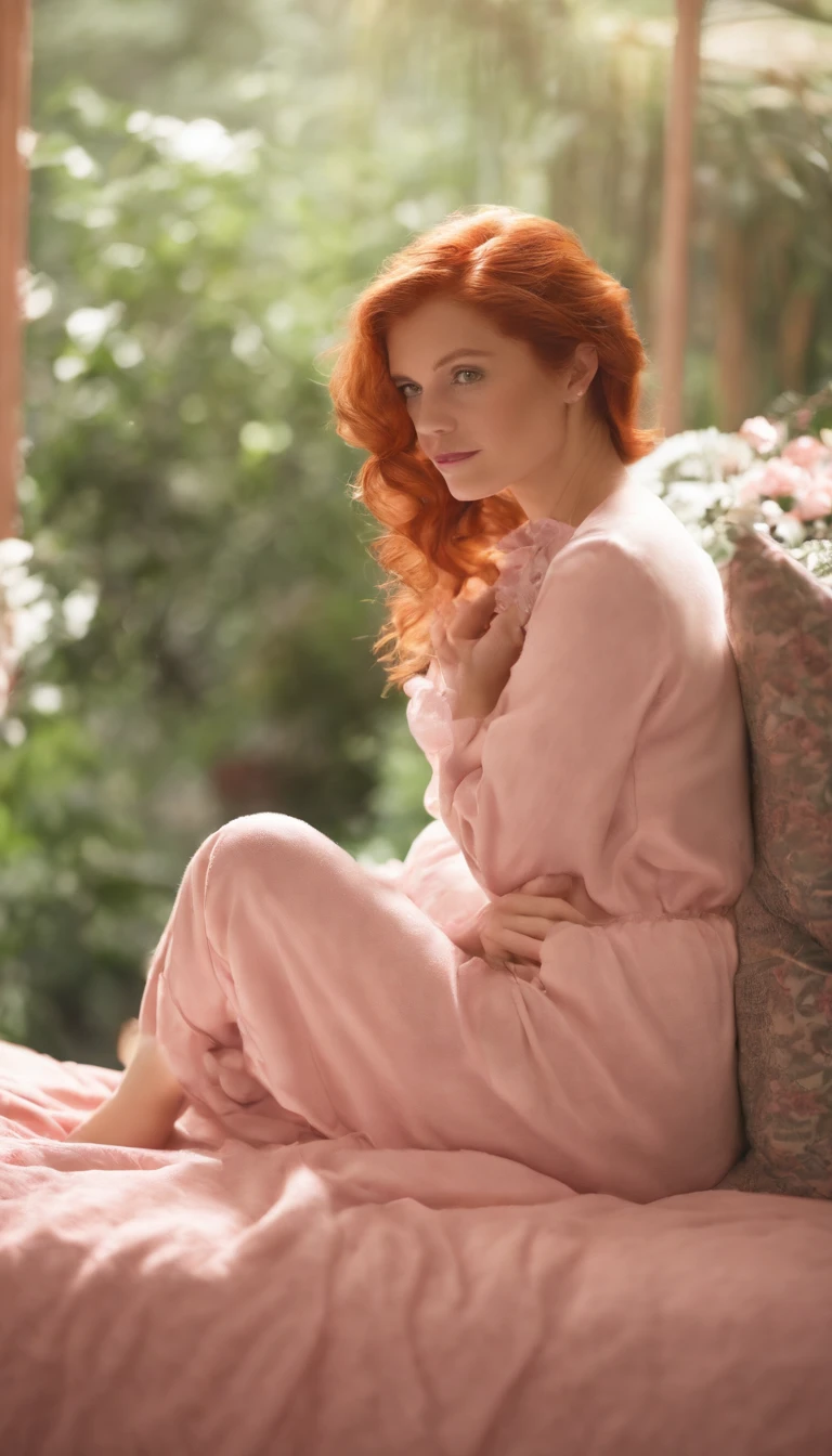 There was a woman sitting on a bed in pink flower pajamas, Red-haired girl, beautiful redhead woman, Red-haired woman, Young redhead girl, Short bright red hair, red hair and attractive features, anna nikonova aka newmilky, Red-haired girl, Redhead, Beautiful woman, posing in bed, Red head, pelo rojo corto, poses in the room
