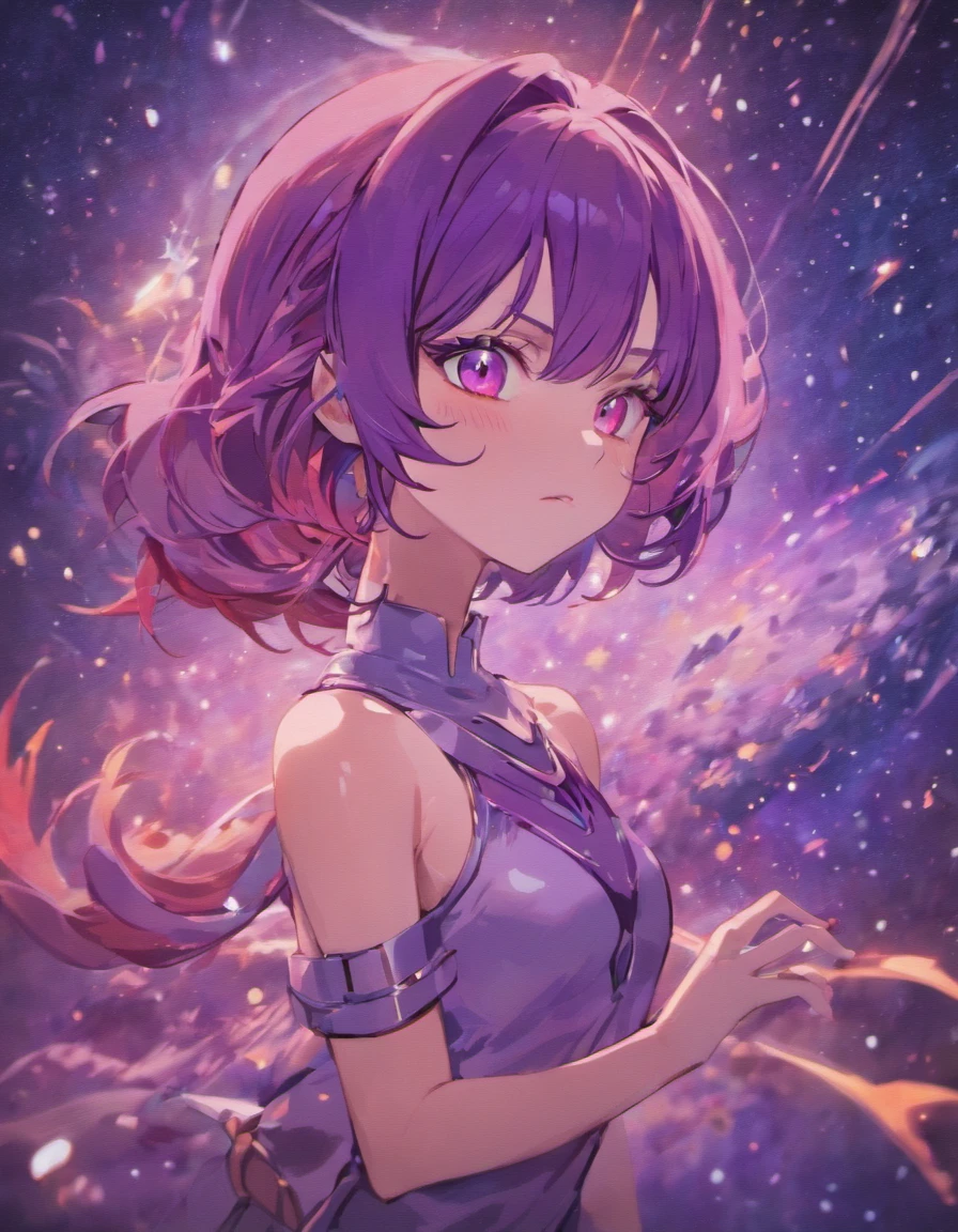 Cosmic foxgirl, foxgirl in space, red eyes, intense eyes, purple hair, small breasts, lonely expression, fox ears, dark purple hair, vivid background, space debris in background, dark plum colored hair