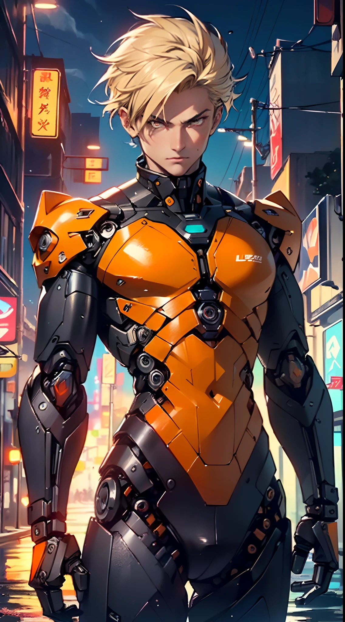 man:1.5,1 man,archer man,(((1man))),((man with blonde short hair)),
(((1male,man:1.5,handsome man,male,male gender:1.5,male focus))),macho man,hero,
((messy hair,blonde short haircut,detailed blonde hair,highly detailed hair,blonde hair,colored inner hair)),(((lustrous skin:1.5,tanned skin,bright skin: 1.5,skin tanned,shiny skin,very shiny skin,shiny body,illuminated skin))),(((orange_eyes:1.2))),intricate eyes,beautiful detailed eyes,symmetrical eyes,((man chest)),handsome face,((muscular)),male jaw,(((detailed face))),
manly,nsfw,
cyberpunk firefighter, ((mechanical arms:1.5, bionic arms:1.5)), futuristic firefighter uniform,((bulge in pants)),((uniform in black and orange colors)),((wet clothes,intricate outfit,intricate clothes,intricate uniform)),
(dynamic pose:1.0),solo focus,((heroic attitude)),(centered,scale to fit dimensions,Rule of thirds),
cyberpunk city by the ocean at night, with bright neon signs and dark stormy clouds and puddles, scenery:1.25,
highres, sharp focus, (ultra detailed, extremely detailed), (photorealistic artwork:1.37),(extremely detailed CG unity 8k wallpaper),((synthwave background theme)),(((vibrant colors))),(intricate background),(masterpiece),(best quality),