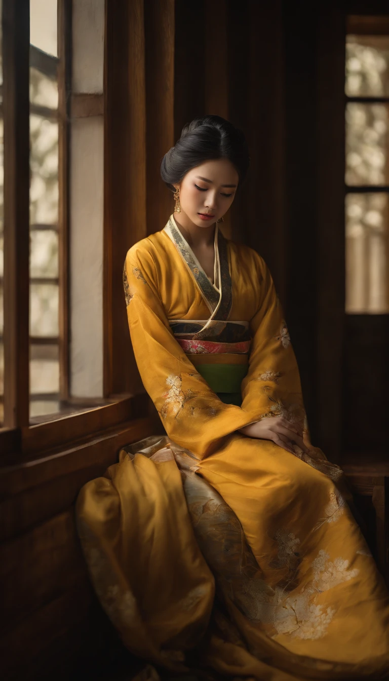 Araki woman in yellow kimono sitting on the windowsill, Palace , A girl in Hanfu, Realistic anime 3 D style, Guviz-style artwork, Beautiful character painting, 3 d anime realistic, trending on cgstation, anime styled 3d, Wearing ancient Chinese clothes, Chinese girl, Artgerm and Atey Ghailan