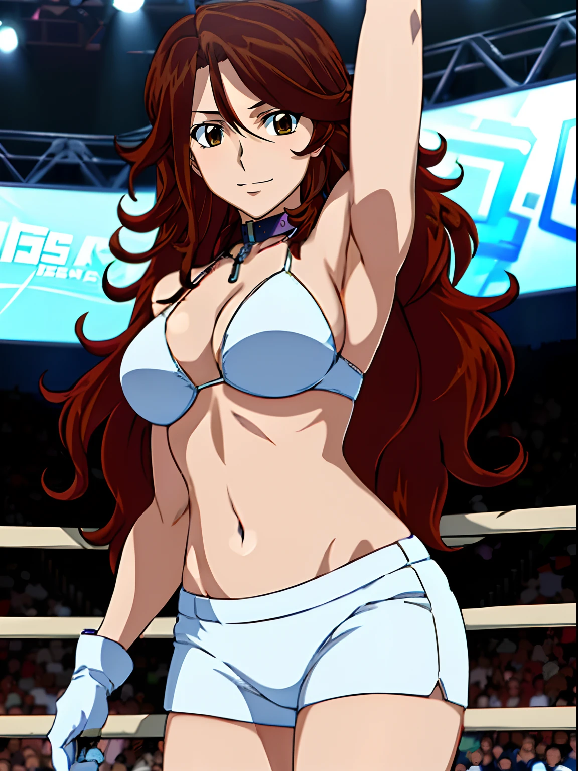 (wwe diva), cowboy shot, body view, anime style: 1.8, anime drawing, ultra detailed face, ultra detailed body, 4k, Sumergai Lee Noriega, (standing), best quality, anime style, hires, highest definition, digital blending, bold drawing lines, ((wwe diva), (location: wrestling arena, crowds watching), ( slim body, little biceps, thighs, off-shoulders, (curvy: 2.8)), ((white bikini, shorts, groin, , white gloves, collar)), victorious, winner, gentle, (big breasts, smile), (big eyes, brown eyes), (clapping), (brown hair, loose hair, curly hair, wavy hair, long hair, missy hair), 27 years old, (flexing both arms)