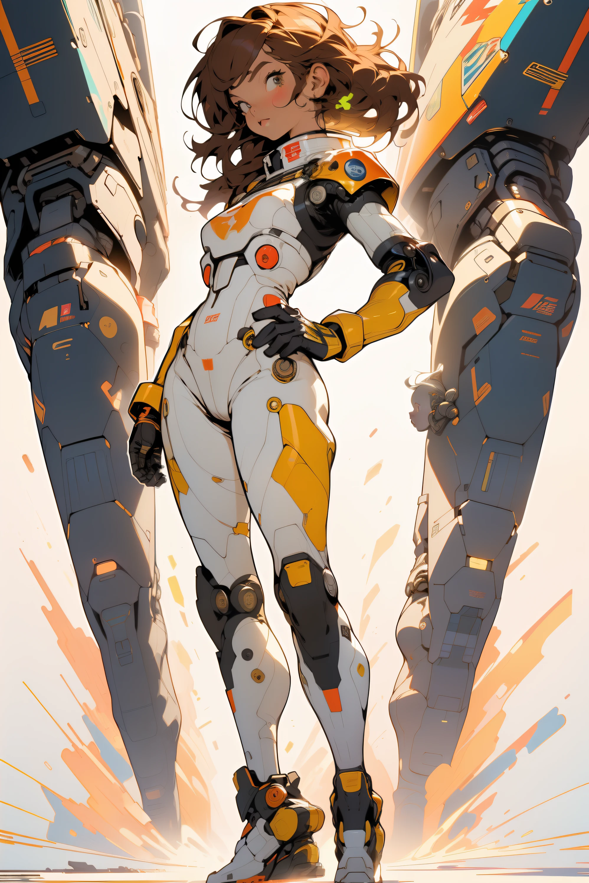 ((Best quality)), ((masterpiece)), (detailed: 1.4), (Absurd), (((full body)), (((woman))), 35-year-old woman, Beautiful thin woman, giant robot pilot, wild with perfect body, wearing little clothing, tiny thong, clothing with Japanese graphic patterns, halftone pattern and vertical stripes, yellow gold, coming out of the body of a giant robot