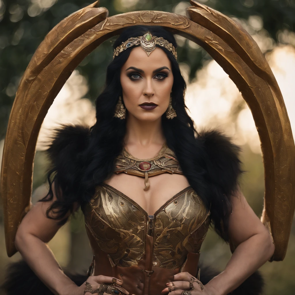 Katy Perry holding a giant round boomerang, battle pose, medieval fantasy theme, League of Legends art style