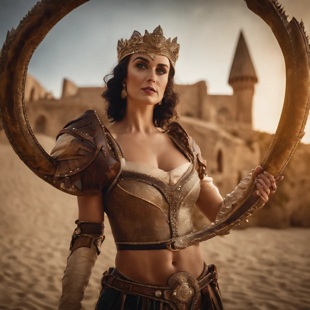 Katy Perry holding a giant round boomerang, battle pose, medieval fantasy theme, League of Legends art style