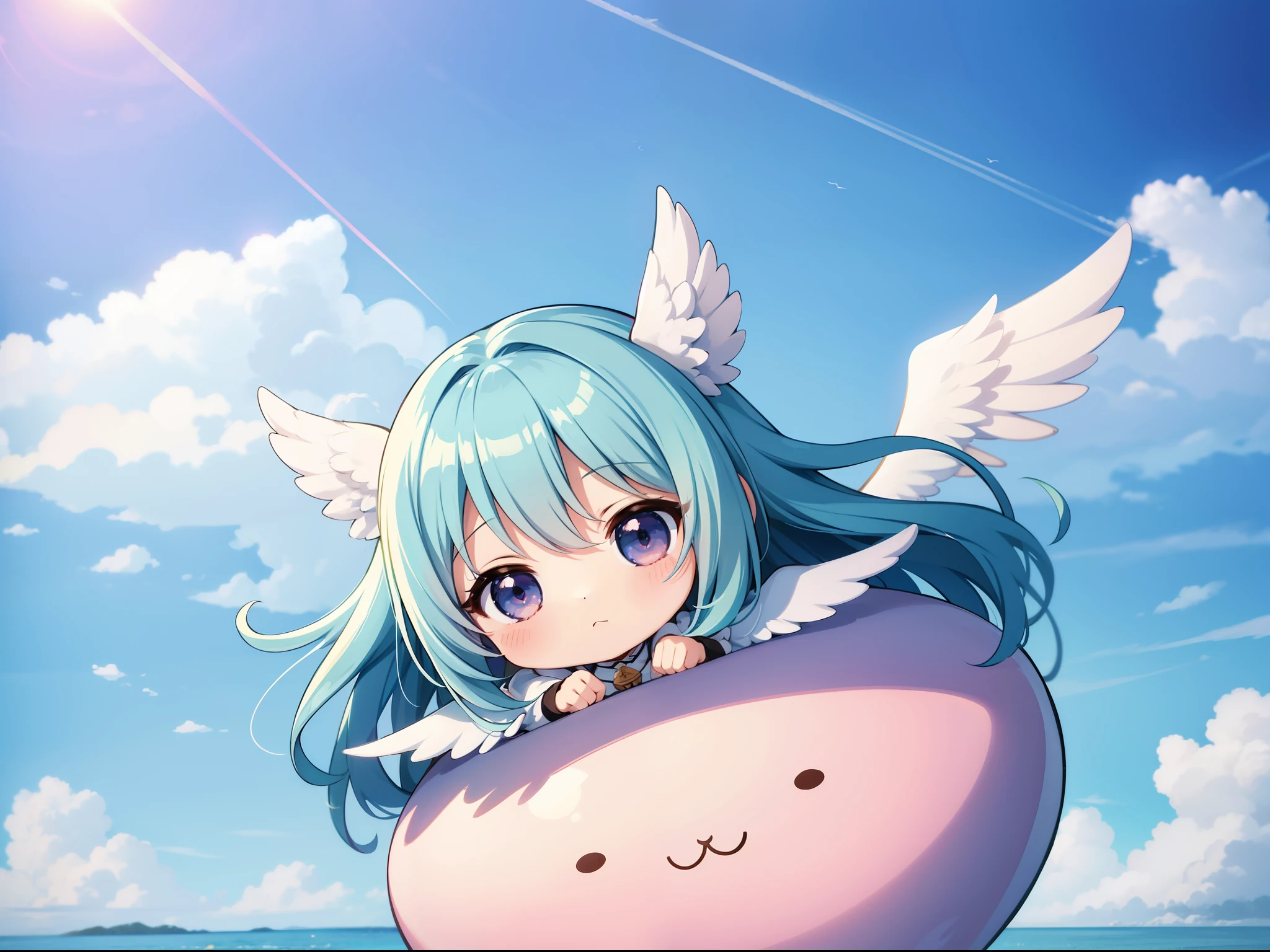 Fly in the sky with angel wings The sky(a picture) Chibichara long hair with blue hair((Chibi Chara))、Fluffy、girl with、Chibi Chara、full body Esbian、Pastel colors hair、masutepiece、top-quality、