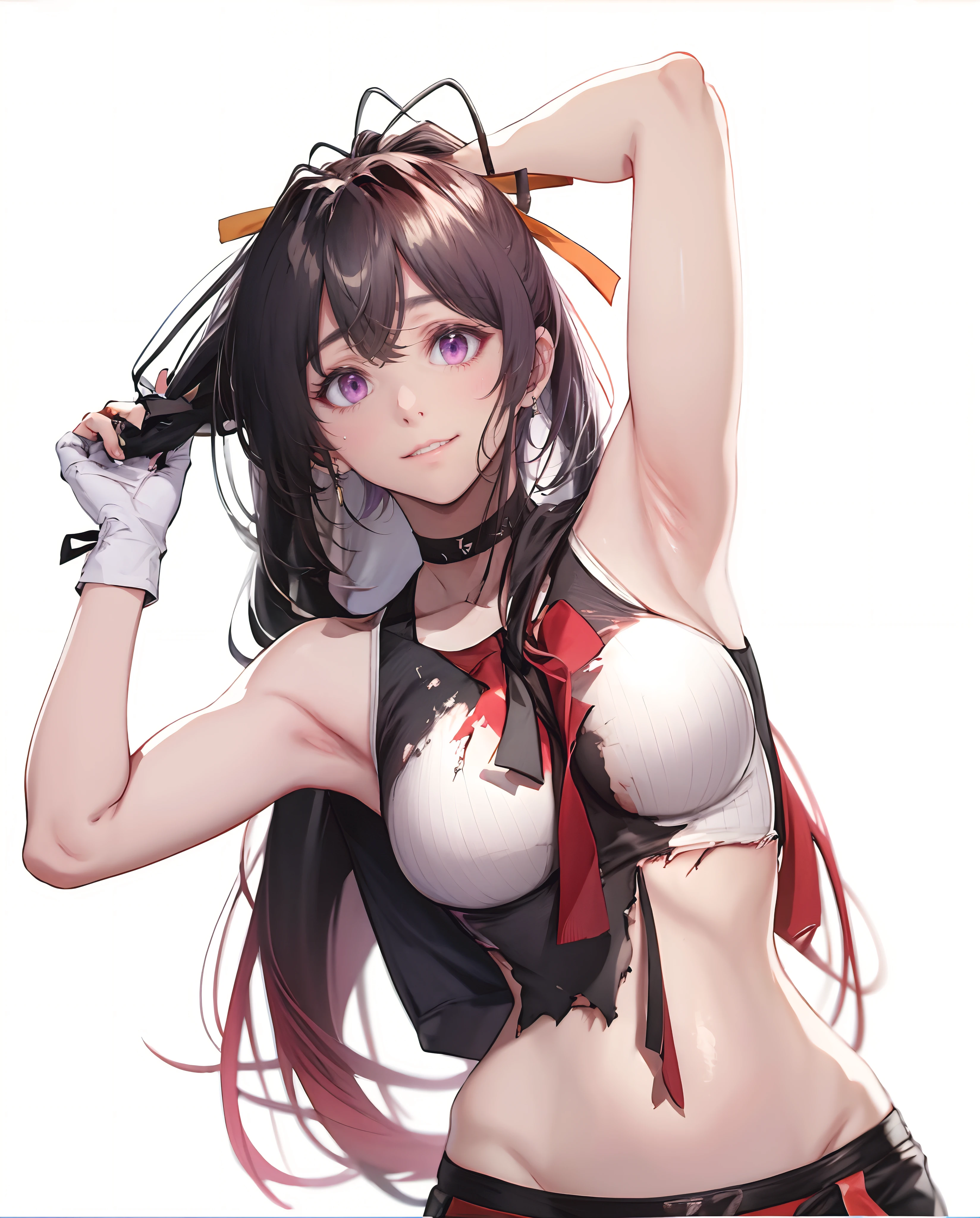 himejima akeno, (black hair, long hair, ponytail, ribbon:1.7), purple eyes, 1girl, breasts, solo, armpits, navel, striped, vertical_stripes, looking_at_viewer, sleeveless, earrings, large_breasts, parted_lips, black_gloves,  torn_clothes, gloves, midriff, upper_body, choker, striped_background, diagonal_stripes, crop_top, bare_shoulders, collarbone,  white_background, stomach, arms_up, breasts press, RAW candid cinema, 16mm, color graded portra 400 film, remarkable color, ultra realistic, textured skin, remarkable detailed pupils, realistic dull skin noise, visible skin detail, skin fuzz, dry skin, shot with cinematic camera