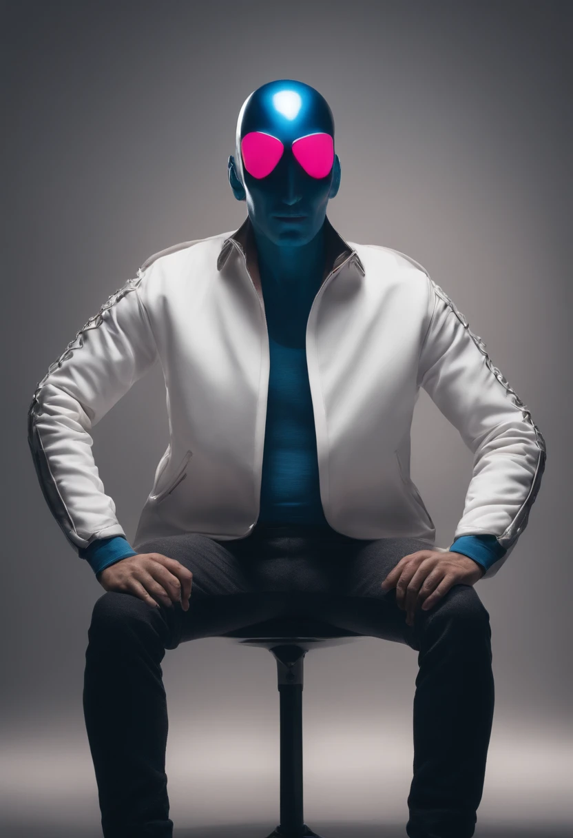 An alien, with blue and realistic skin, large head, short and thin neck, very large eyes and all black, which reflects the local lighting, a nose similar to that of humans but small, a mouth similar to that of humans but small, the body is thin and thin, the alien wears a white fulfilled sleeve T-shirt with a letter made of small silver that appears to the right represented inside a triangle of the same size, the clothing is inspired by the clothes used for surfing, the color to be used is red, pink chock and blue, as well as details of the environment, and manufactured with neoprene fabric, it is possible to notice a silver necklace hanging from his neck, with a pinjente in the triangular shape with an eye that sees everything in the center as a symbol. the alien is in a recording studio whose scenery is minimalist and features a gray background in gradient hue to circular white, the camera captures the image from the waist up, the alien presents friendly and light expressions, the alien interact with the camera always with a slight smile of satisfaction and tranquility, The skin used and all the elements are of extreme realism, especially the skin, the lighting is an illumination inspired by the 80s, it is in spiritual dimension