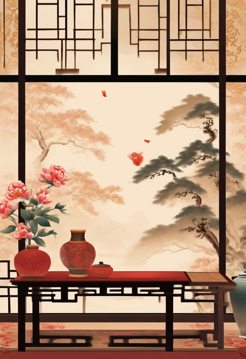 Chinese scene,Chinese furniture,There are two vases on the table in front of the wall,There are flowers on it,It has a classical Chinese aesthetic,Chinese style,Ink painting background,Antique rhyme,high-definition picture quality,4k
