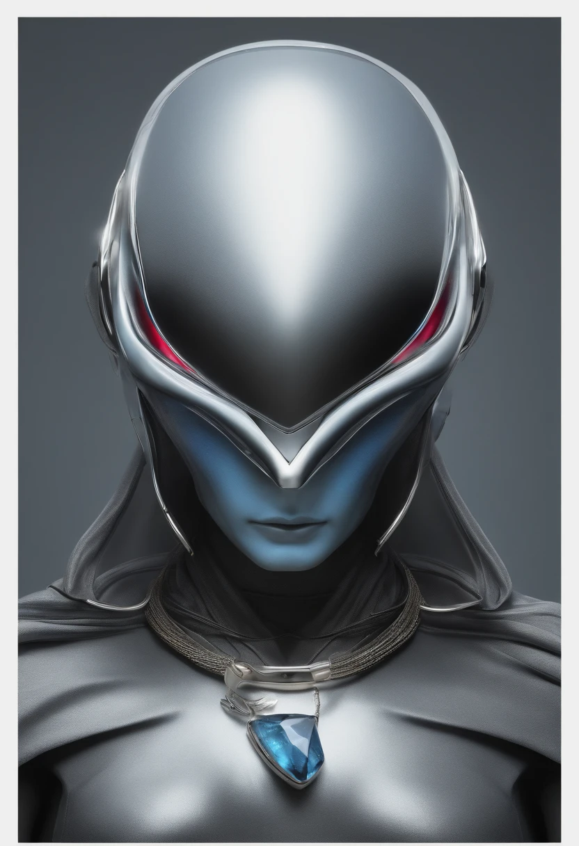 An alien, with blue and realistic skin, large head, short and thin neck, very large eyes and all black, which reflects the local lighting, a nose similar to that of humans but small, a mouth similar to that of humans but small, the body is thin and thin, the alien wears a white fulfilled sleeve T-shirt with a letter made of small silver that appears to the right represented inside a triangle of the same size, the clothing is inspired by the clothes used for surfing, the color to be used is red, pink chock and blue, as well as details of the environment, and manufactured with neoprene fabric, it is possible to notice a silver necklace hanging from his neck, with a pinjente in the triangular shape with an eye that sees everything in the center as a symbol. the alien is in a recording studio whose scenery is minimalist and features a gray background in gradient hue to circular white, the camera captures the image from the waist up, the alien presents friendly and light expressions, the alien interact with the camera always with a slight smile of satisfaction and tranquility, The skin used and all the elements are of extreme realism, especially the skin, the lighting is an illumination inspired by the 80s, it is in spiritual dimension
