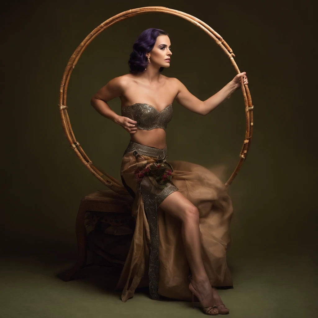 Katy Perry wearing a strapless top, (league of legends), holding a giant sharp hula hoop around her body, medieval fantasy theme, League of Legends splash art