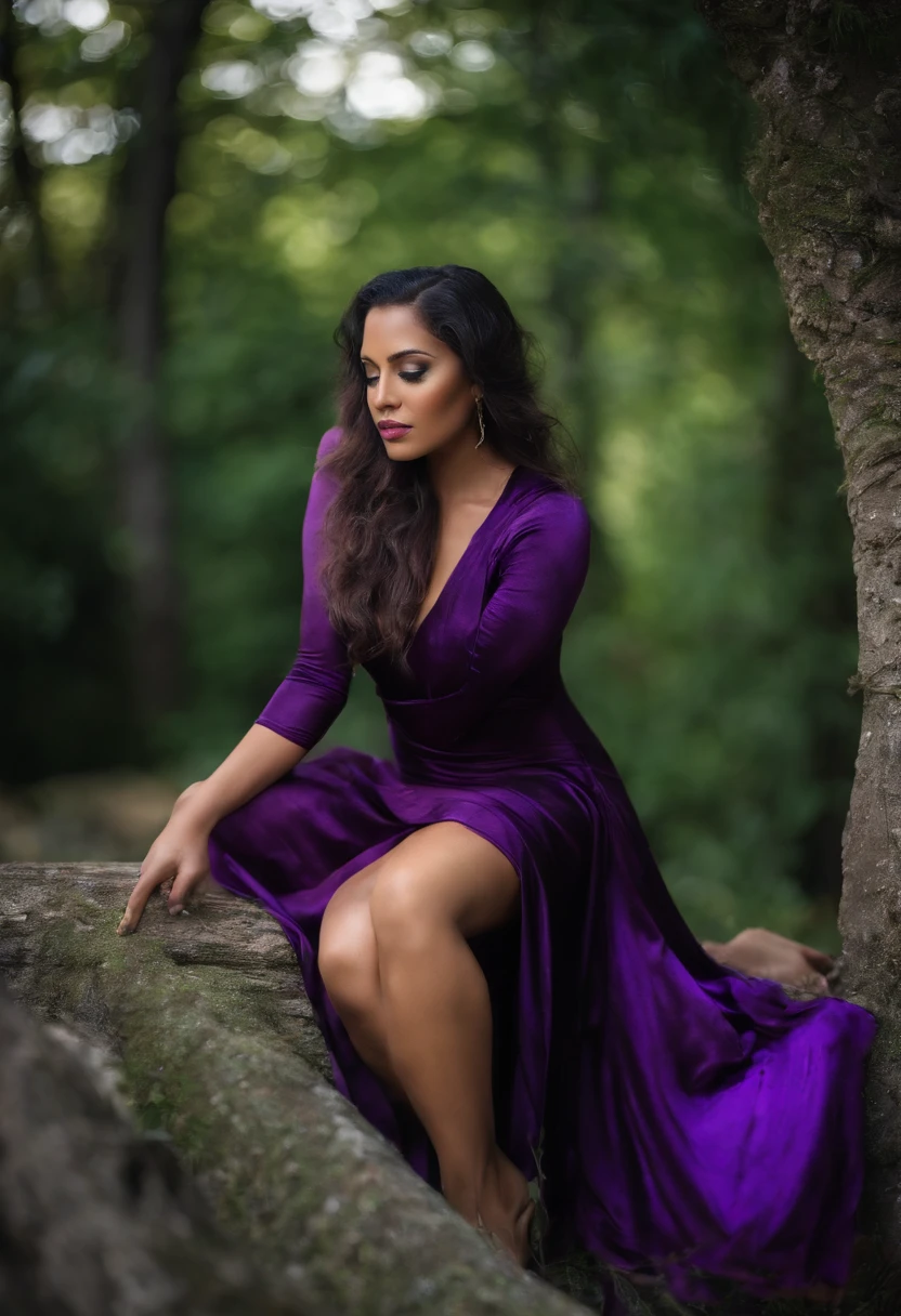 Salma Hayek, smiles slyly, in a wonderful forest, Large plums grow on the tree, Purple bikini, fantasy, fantasy style, good tits, Hot Pose, Hot photo, leans forward, Hands Behind Your Back, magic world, Very realistic, candid photo, Disney style