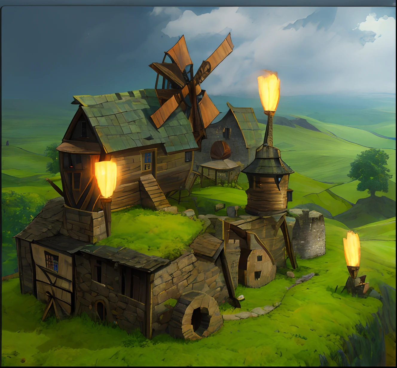 Windmill mill,Beehive-shaped primitive chieftain hall ,Spring theme,Original Hall,Realistic,Heroes of the Storm,Beautiful isometric game art
