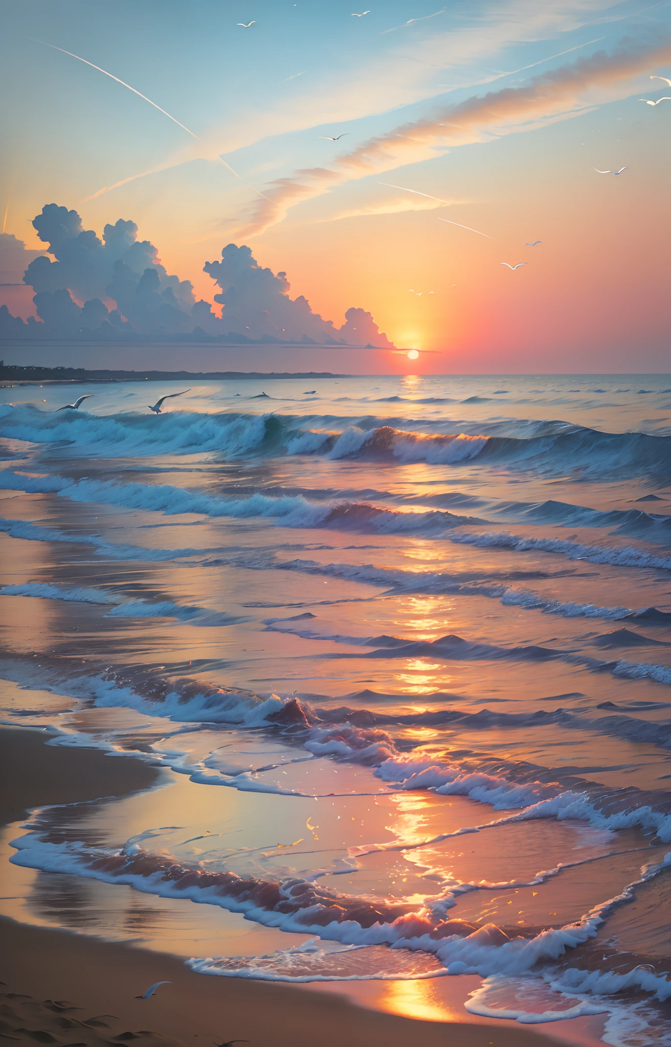 Absolutely mesmerizing sunset on the beach with a mix of oranges, pinks and yellows in the sky. The water is crystal clear, gently kissing the shore, and the white sand is endless. The scenes are action-packed and breathtaking, with seagulls soaring high in the sky and palm trees swaying gently. Immerse yourself in the calm atmosphere and let the serenity surround you.
