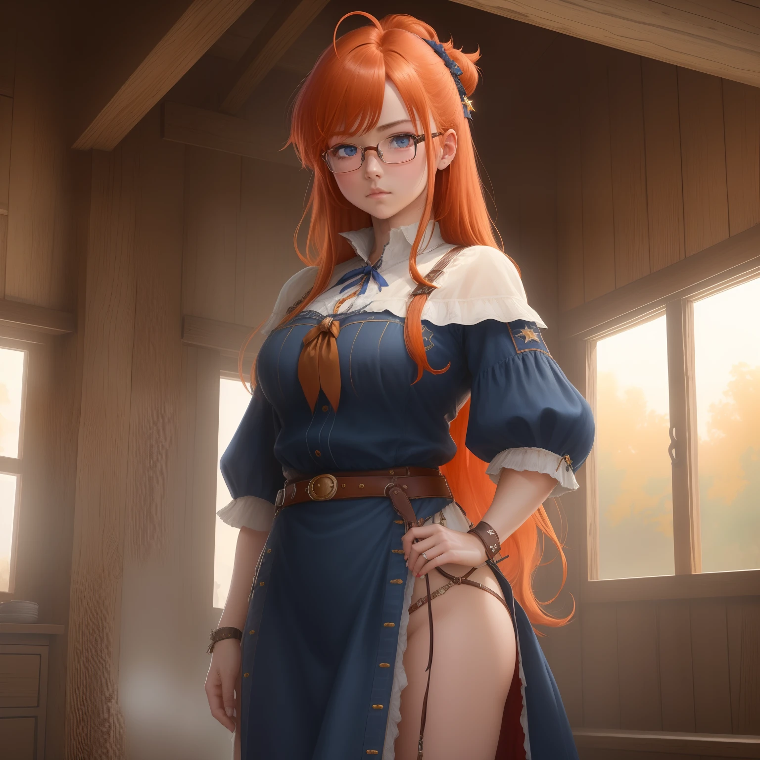 8k, masterpiece, best quality, realistic, higly detailed, cowboy shot, 1girl, solo, itsuki, serious looking girl, medium-length hair, expressive ahoge, reddish-orange hair, a pair of star-shaped hairpins near both of her eyes, dark blue eyes, average height, well-endowed figure, glasses, cute, Sinner