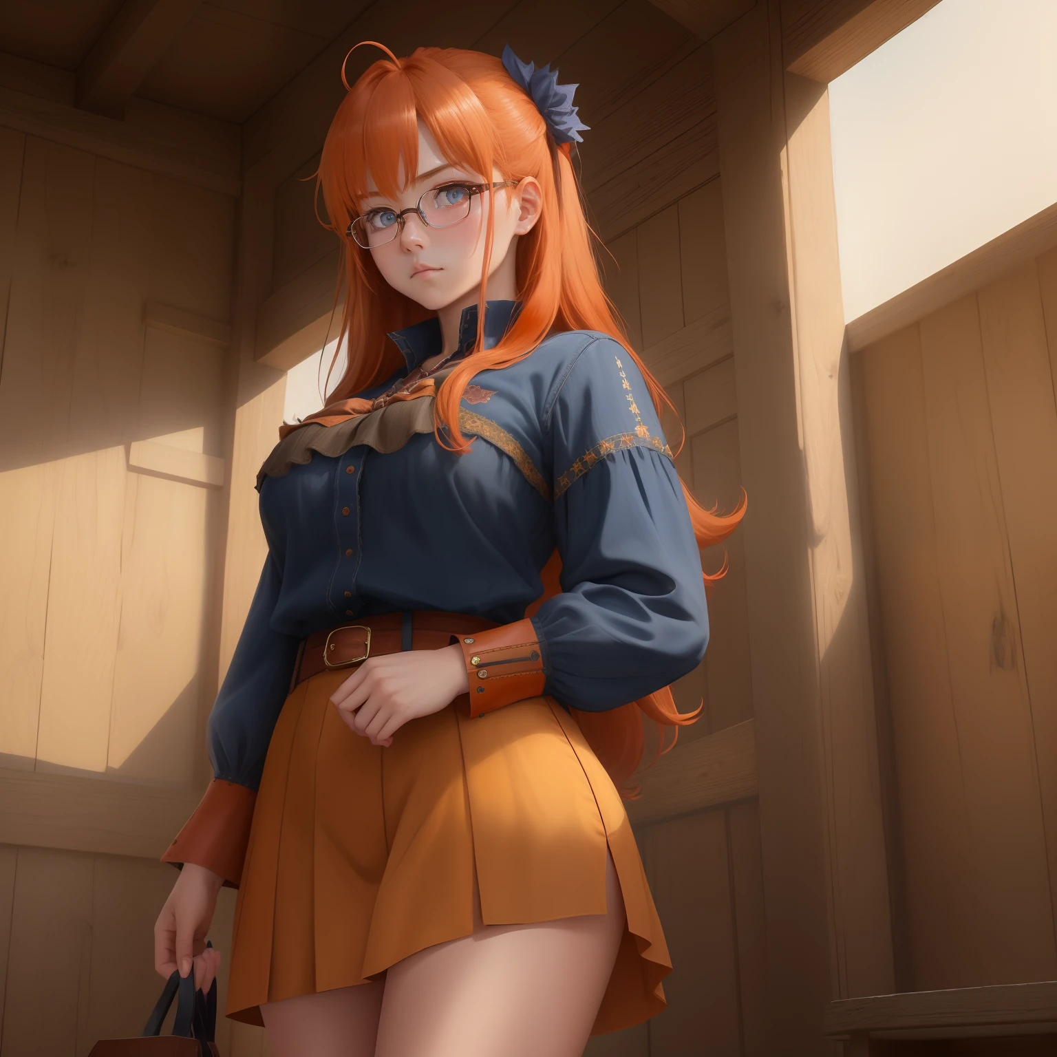 8k, masterpiece, best quality, realistic, higly detailed, cowboy shot, 1girl, solo, itsuki, humorous looking girl, medium-length hair, ahoge, deep sky blue hair, one moon-shaped hairpins near her eye, light yellow eyes, average height, poorly-endowed figure, glasses, cute