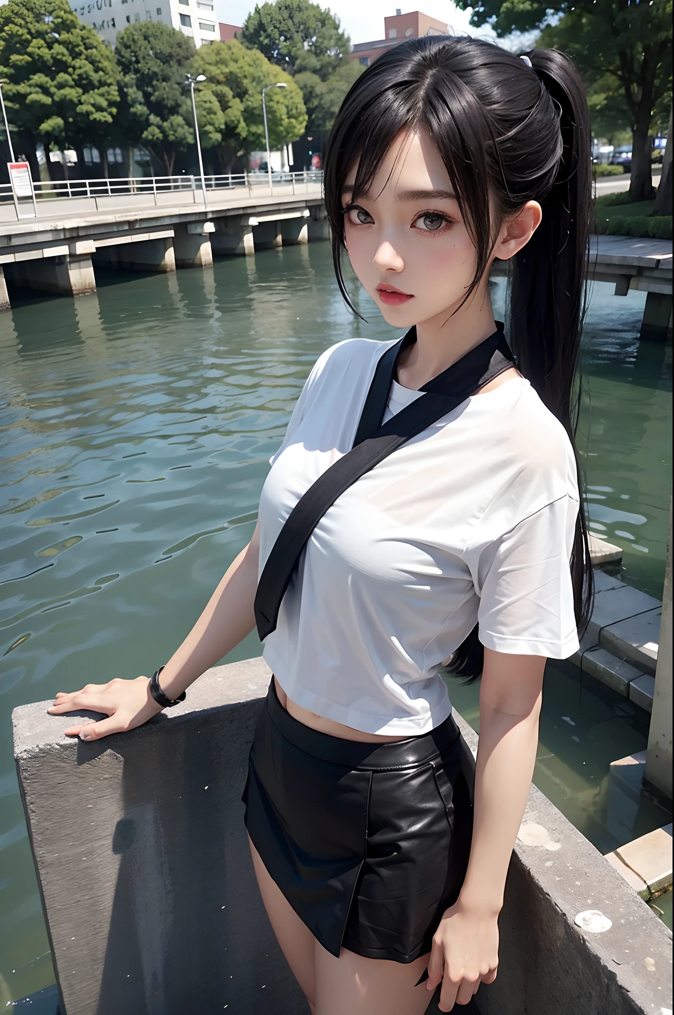 Bridges，Girl posing for photo in loose white shirt and short black skirt，Slim girl model，ff Tifa，24 years old female model，double-ponytail，side bang，