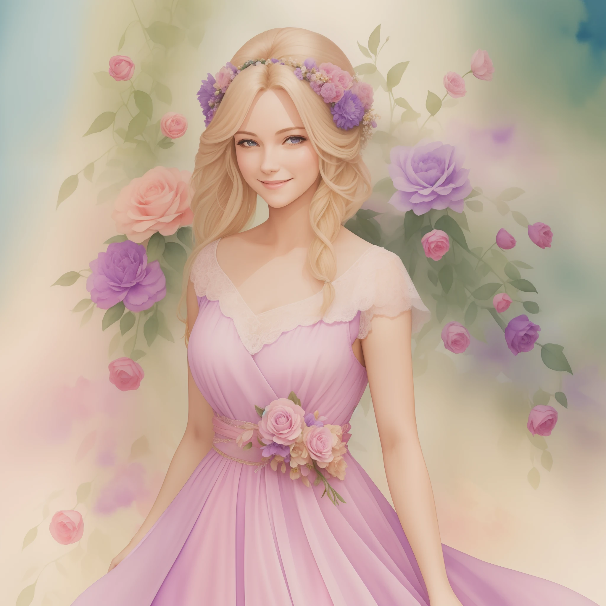 A watercolor painting of a smiling woman with long blonde hair in a purple princess dress is surrounded by flowers, ultra detalhada, sharped image, 4k, Image with a resolution of 300 dpi, image high resolution, imagem contendo 300 dpis