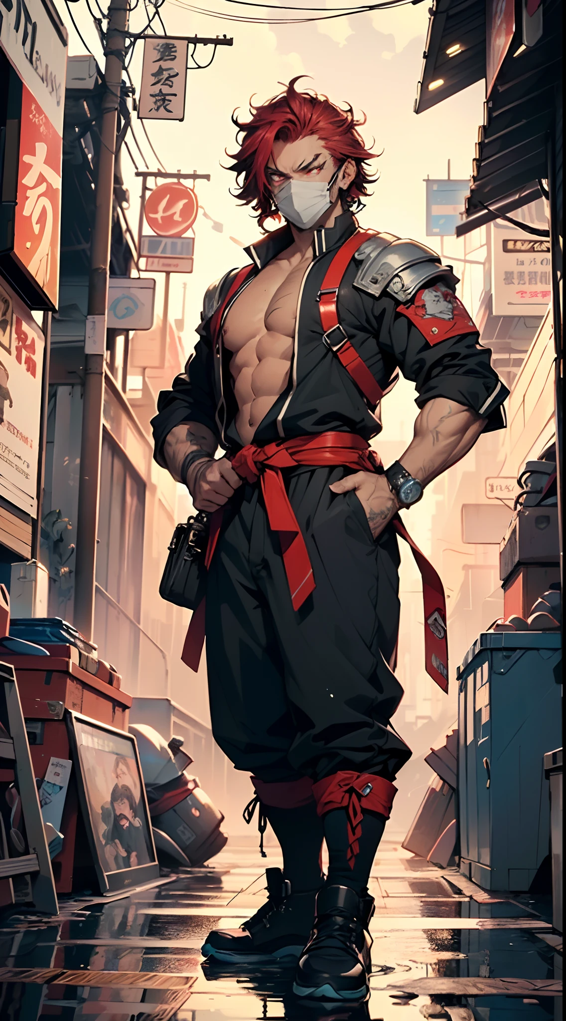 man:1.5,1 man,dwarf man,(((1man))),((man dwarf:1.5)),
(((1male,man:1.5,handsome man,male,male gender:1.5,male focus))),macho man,
((messy hair,red hair,colored inner hair)),(((red_eyes:1.2))),intricate eyes,beautiful detailed eyes,symmetrical eyes,((man dwarf)),((muscular)),((very broad shoulders and chest, dwarf body, very short stature:1.3, very small stature:1.3)),
dwarf,nsfw,
(((Hannya mask))),(((detailed mask))),((masked face,covered face)),hot tone,hot,red ambiance,function style,dark style,dark fantasy,angry,cyberpunk,Japanese,samurai,intricate pattern,((wet clothes,intricate outfit,intricate clothes,intricate uniform)),
(dynamic pose:1.0),solo focus,(centered,scale to fit dimensions,Rule of thirds),
cyberpunk city by the ocean at night, with bright neon signs and dark stormy clouds and puddles, scenery:1.25,
highres, sharp focus, (ultra detailed, extremely detailed), (photorealistic artwork:1.37),(extremely detailed CG unity 8k wallpaper),((synthwave background theme)),(((vibrant colors))),(intricate background),(masterpiece),(best quality),