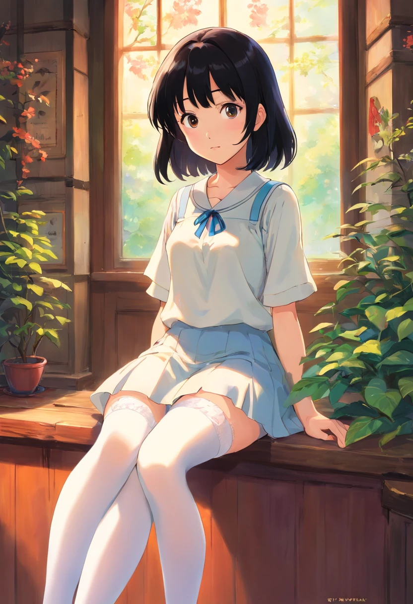 A girl, Black hair，2022s，young，Wear white stockings and a white top