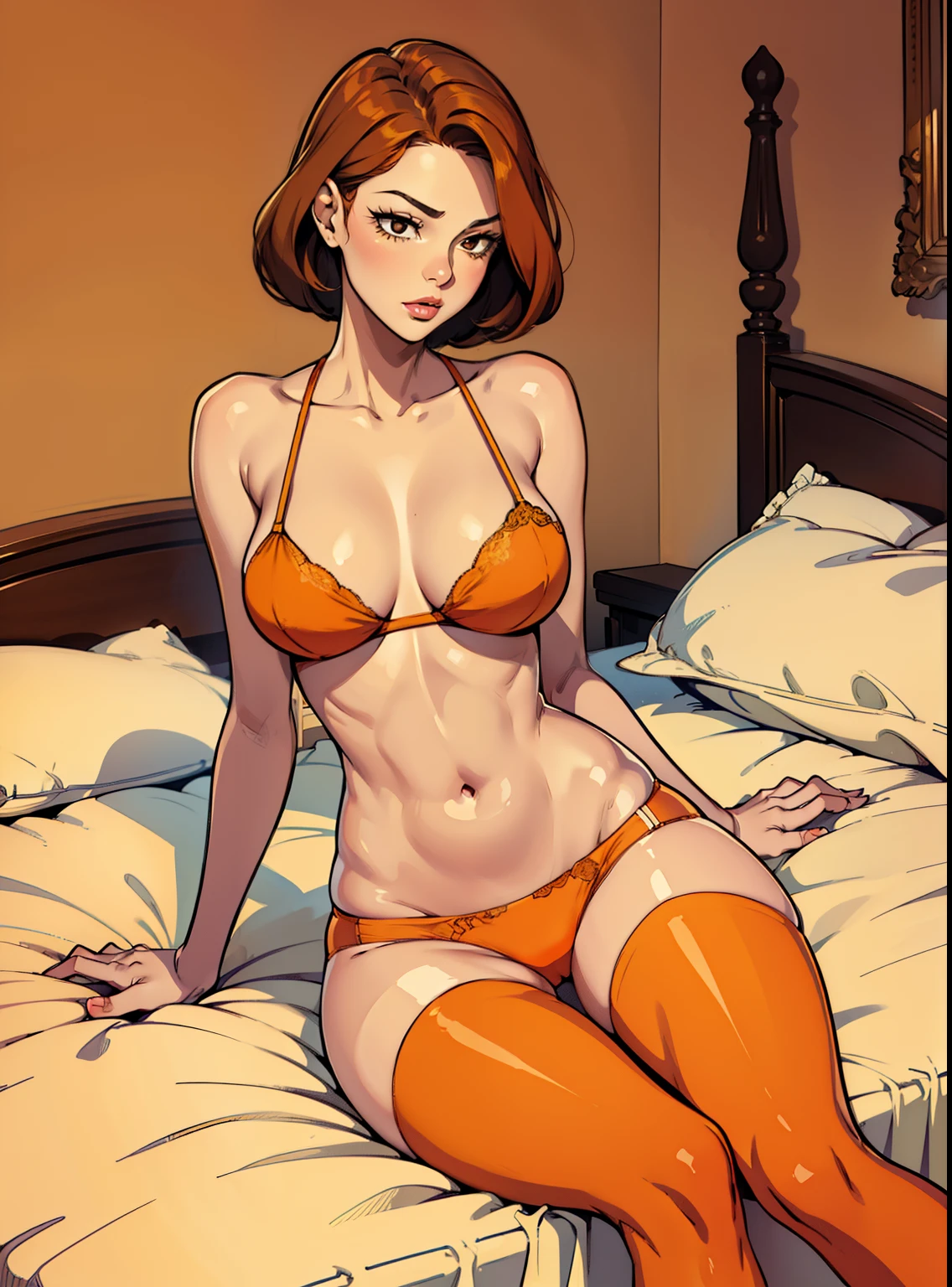 A beautiful slim woman, 1woman, orange bra, orange panties, brown stockings, perfect figure, elegant posture, retro gorgeous bed, retro exquisite bedroom, fair skin, slim thighs