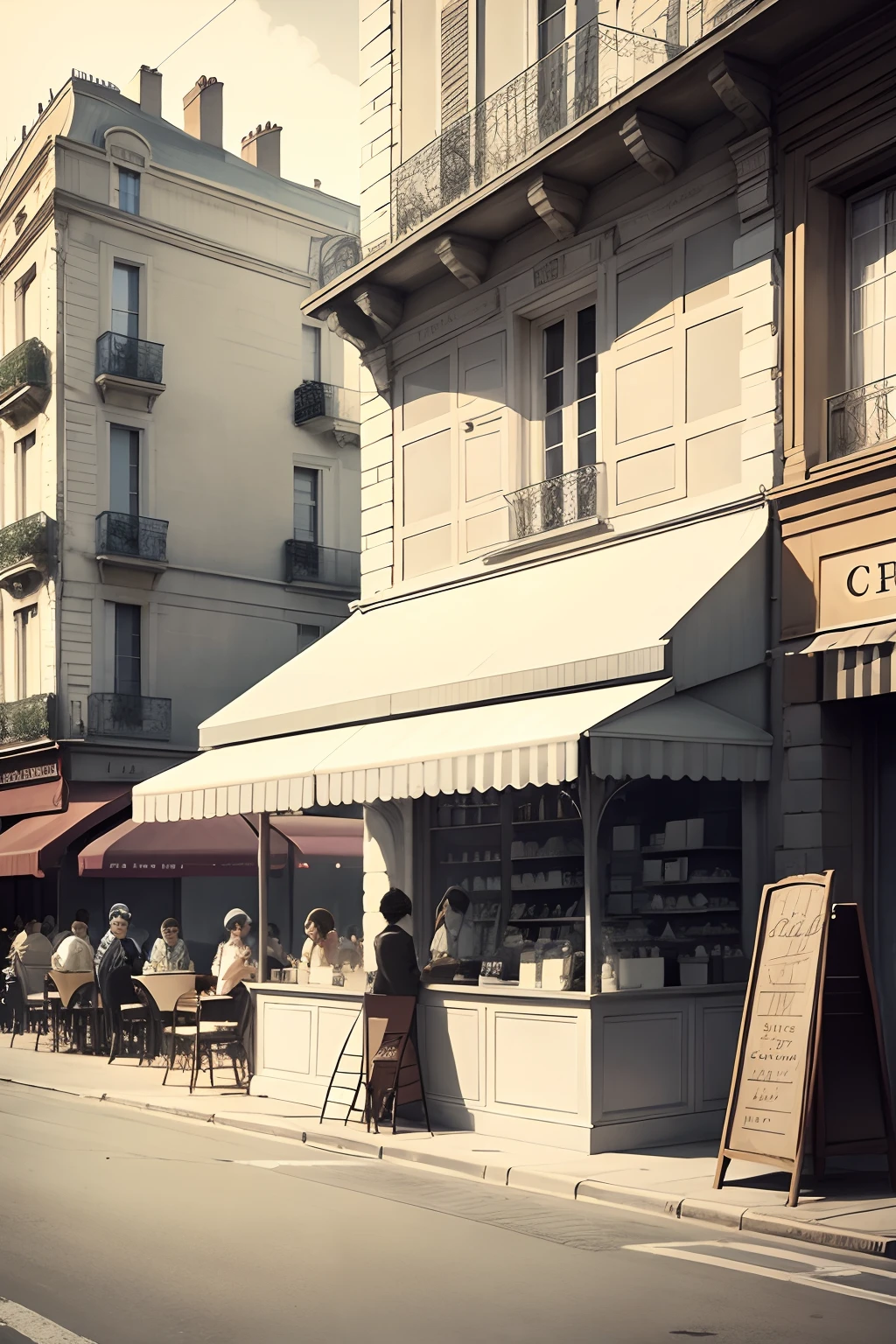 Line drawing French cafeteria in the street of the 20s, para colorear