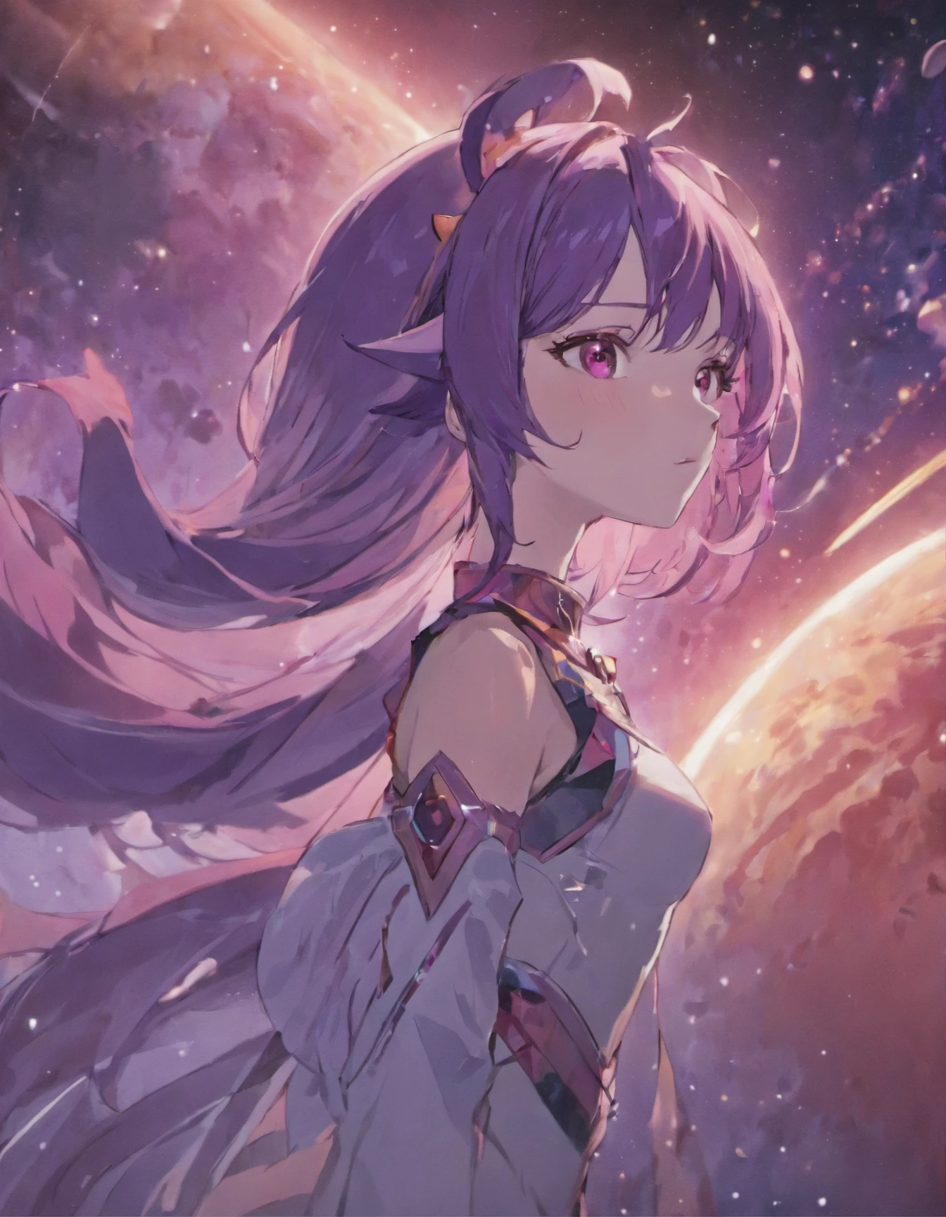 Cosmic foxgirl, foxgirl in space, red eyes, intense eyes, purple hair, small breasts, lonely expression, fox ears, dark purple hair, vivid background