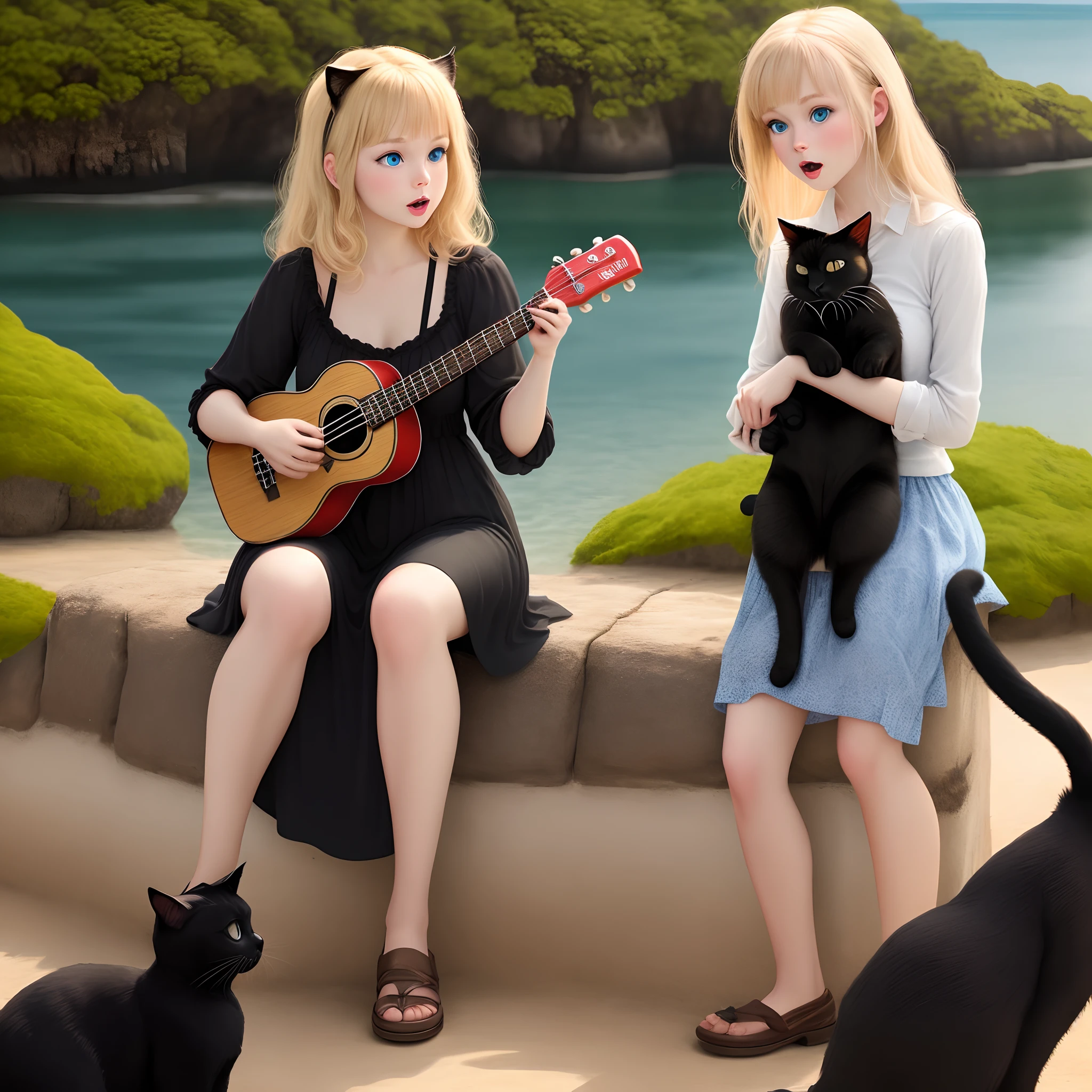 Tall blonde with black cat head big blue eyes and a black cat face plays ukulele on an island
