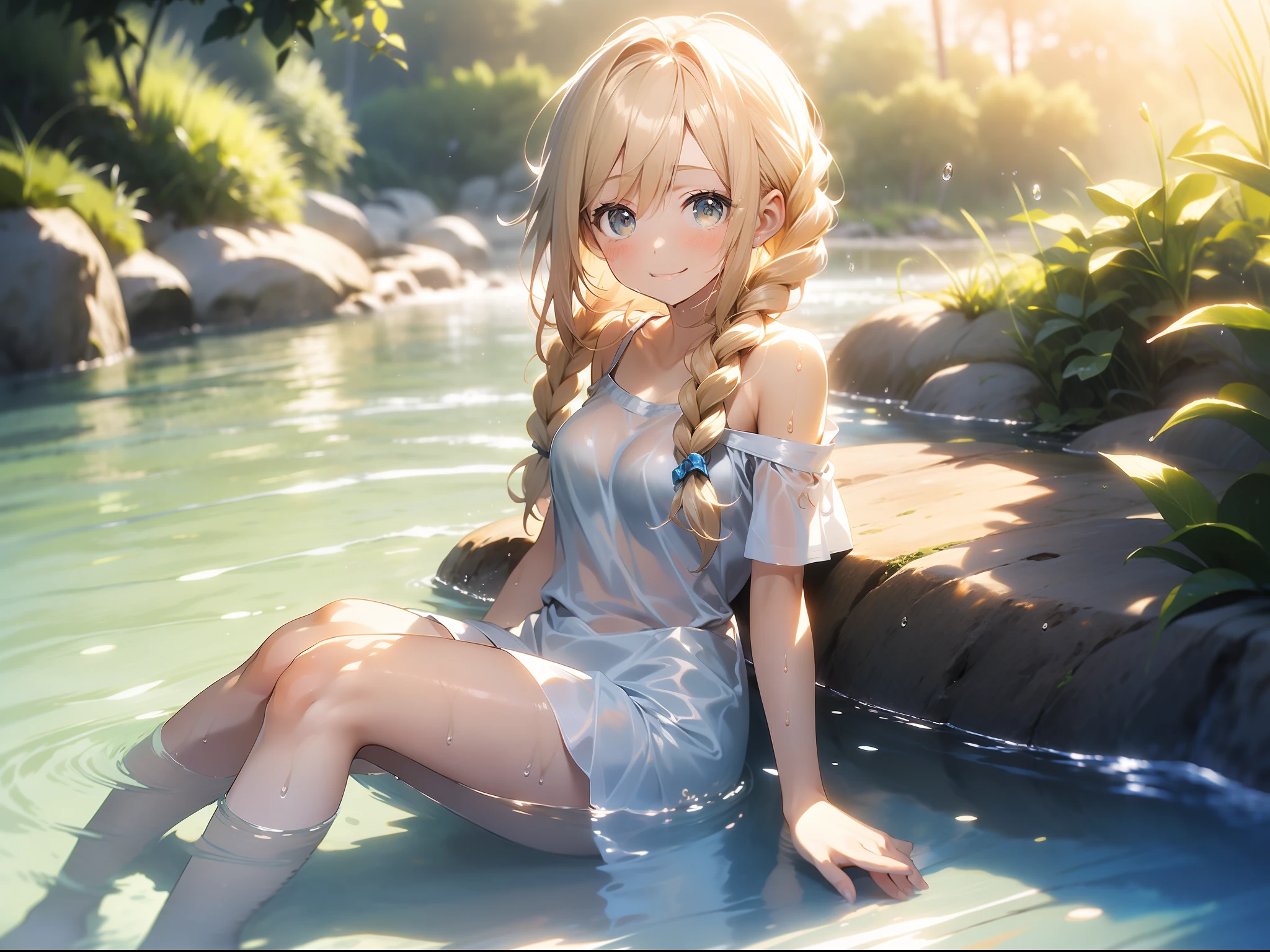 in 8K、top-quality、​masterpiece、ultra-detailliert、Ultra-high resolution、Anime style、((1 persons))、girl with、a blond、Braided hair、White sandy beach、Wet white t-shirt、bare shoulders​、((wetting hair))、wetted skin、((water dripping))、pov from down、A smile、lensflare