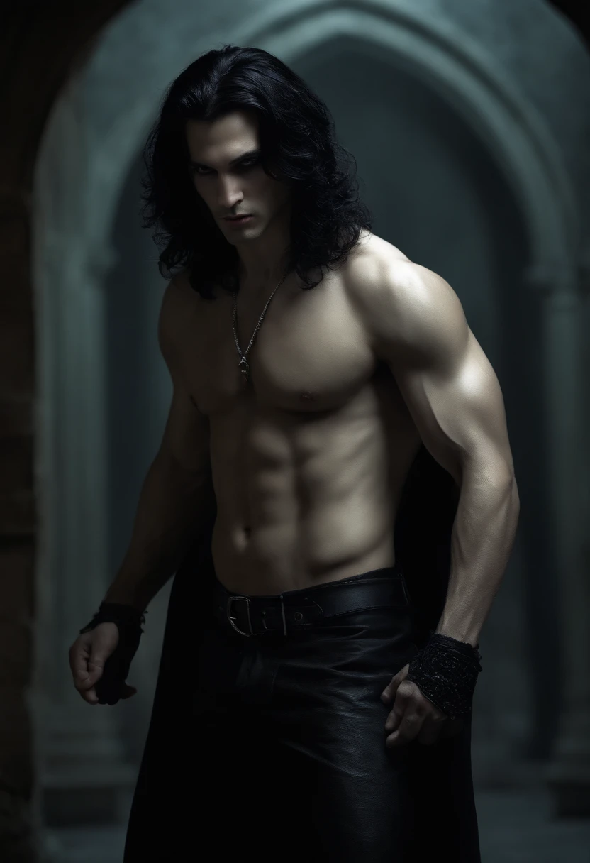 (best quality,photorealistic),(dark,foreboding) man,detailed black eyes,long black hair resembling the night,pale skin,visible dark circles,athletic body but covered in scars,ominous atmosphere,gothic aesthetic,nightmare-like appearance,intense gaze,mysterious aura, sinuous and tense posture,dramatic shadows and lighting,vivid contrast between light and dark,hint of danger,enchanted atmosphere